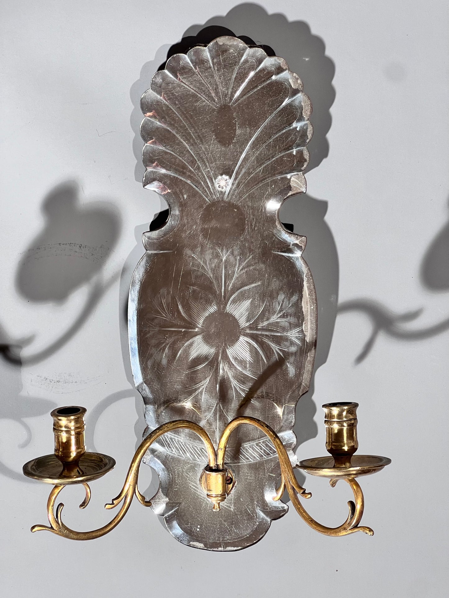 Pair of Queen Anne Style Etched Mirror Wall Lights