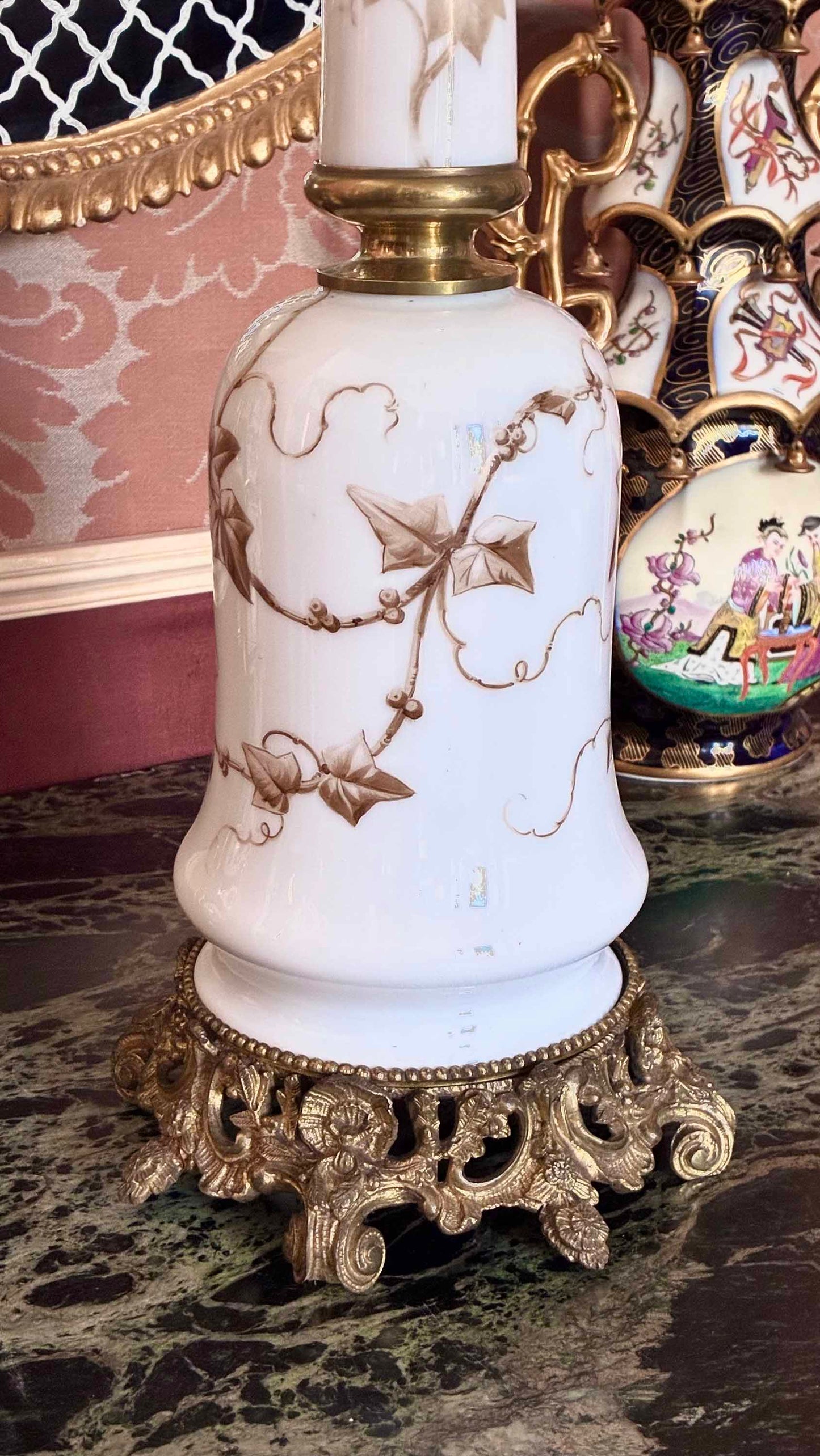 Tall 19th Century Opaline Glass and Ormolu Lamp