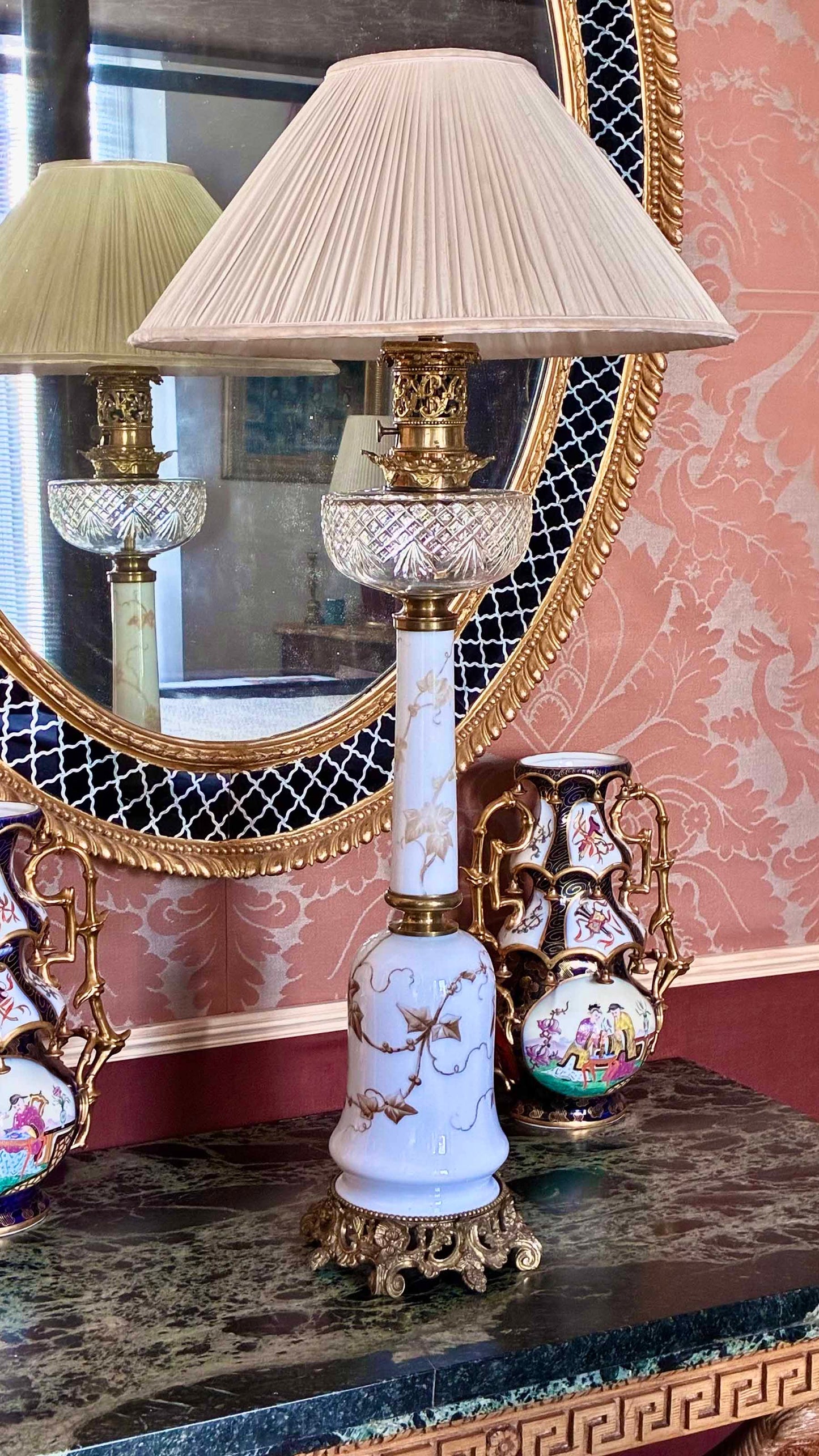 Tall 19th Century Opaline Glass and Ormolu Lamp