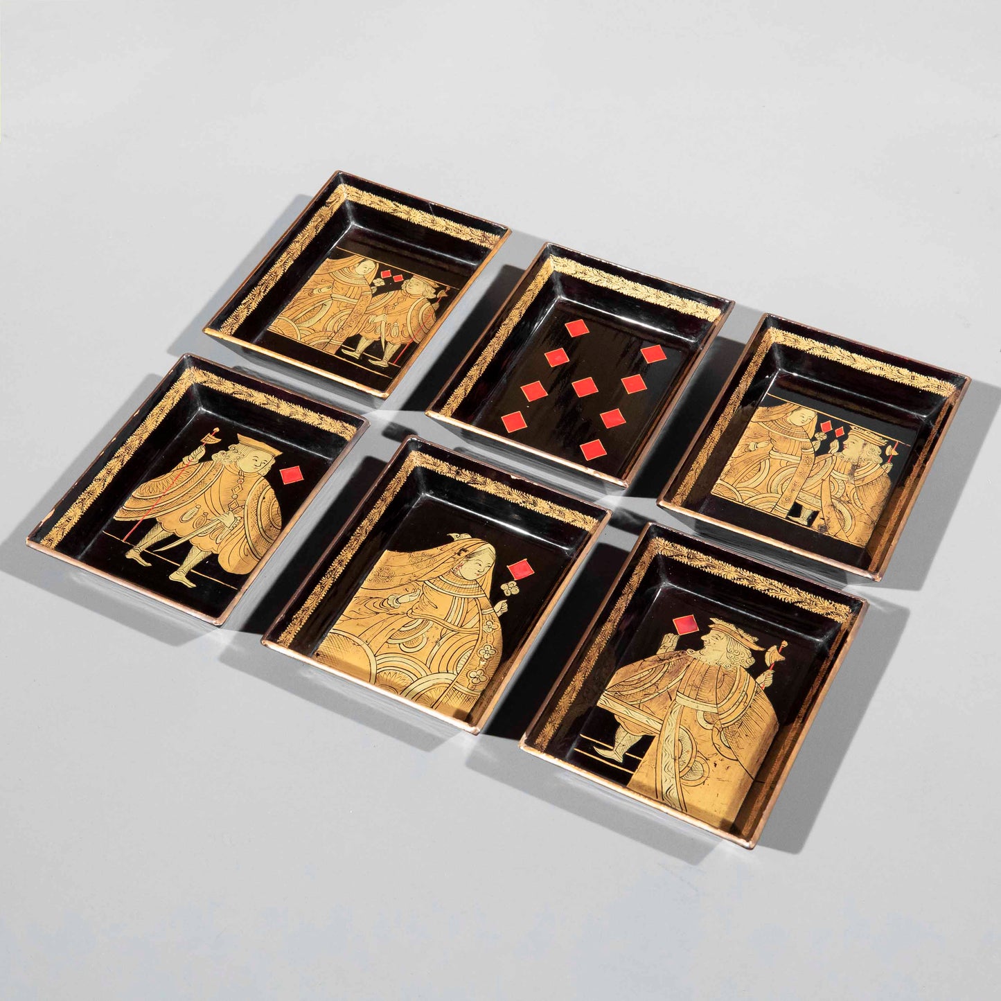 Six 19th Century Chinoiserie Black Lacquer Trays