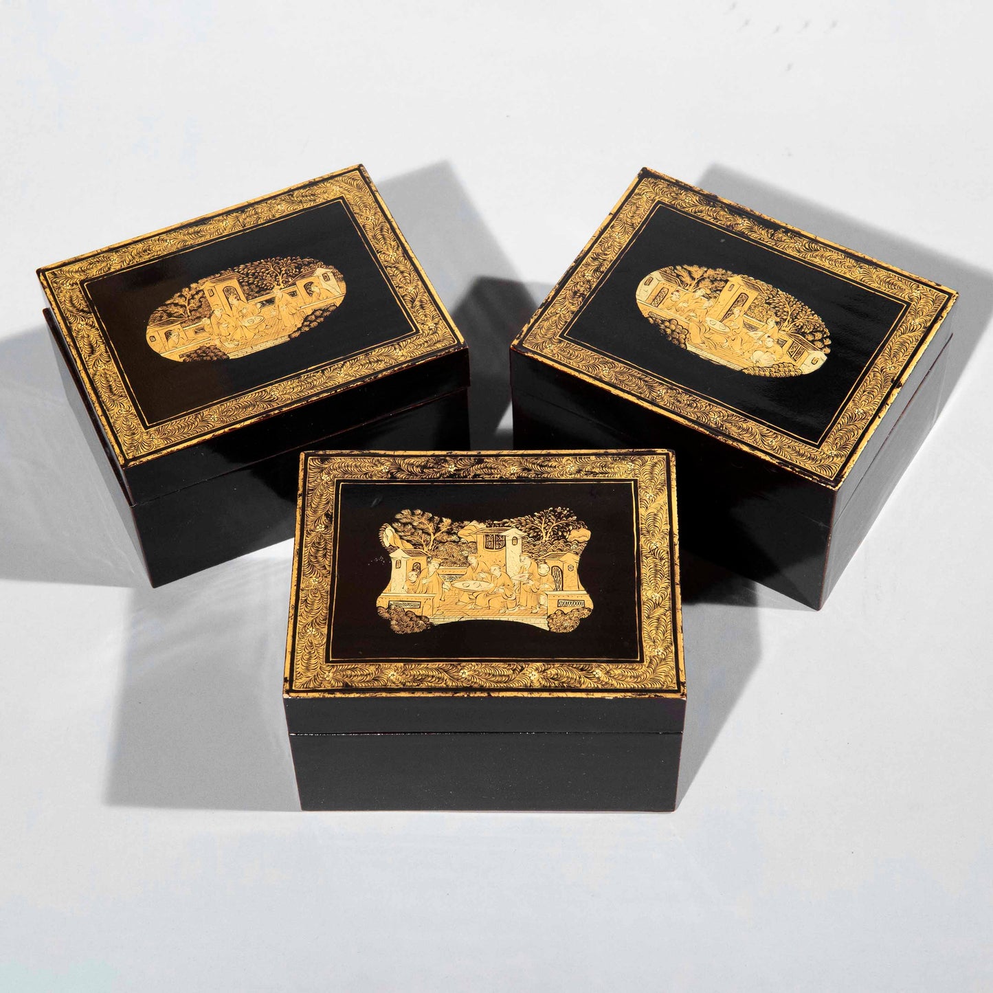 Set of Three Early 19th Century Chinoiserie Black Lacquer Boxes