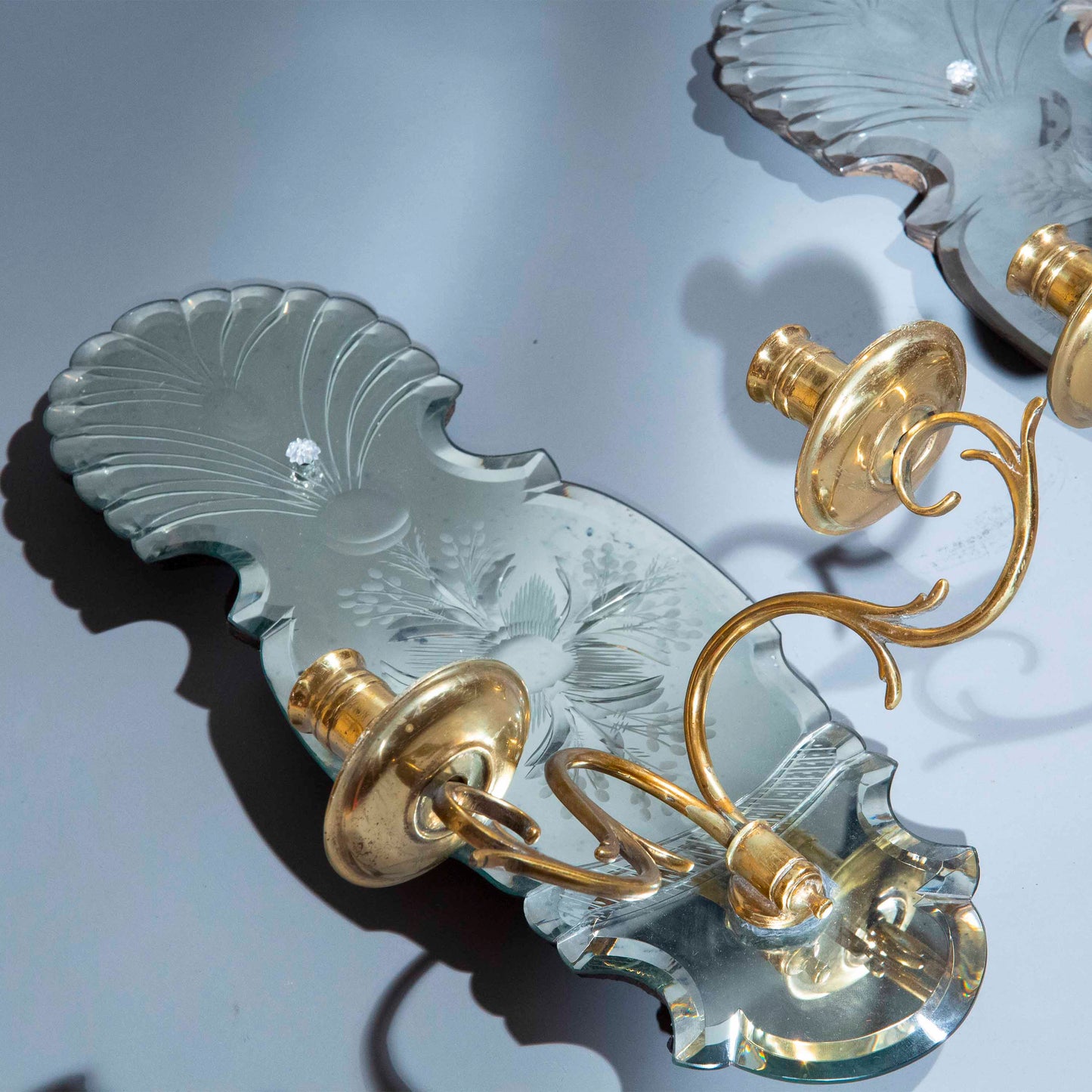 Pair of Queen Anne Style Etched Mirror Wall Lights