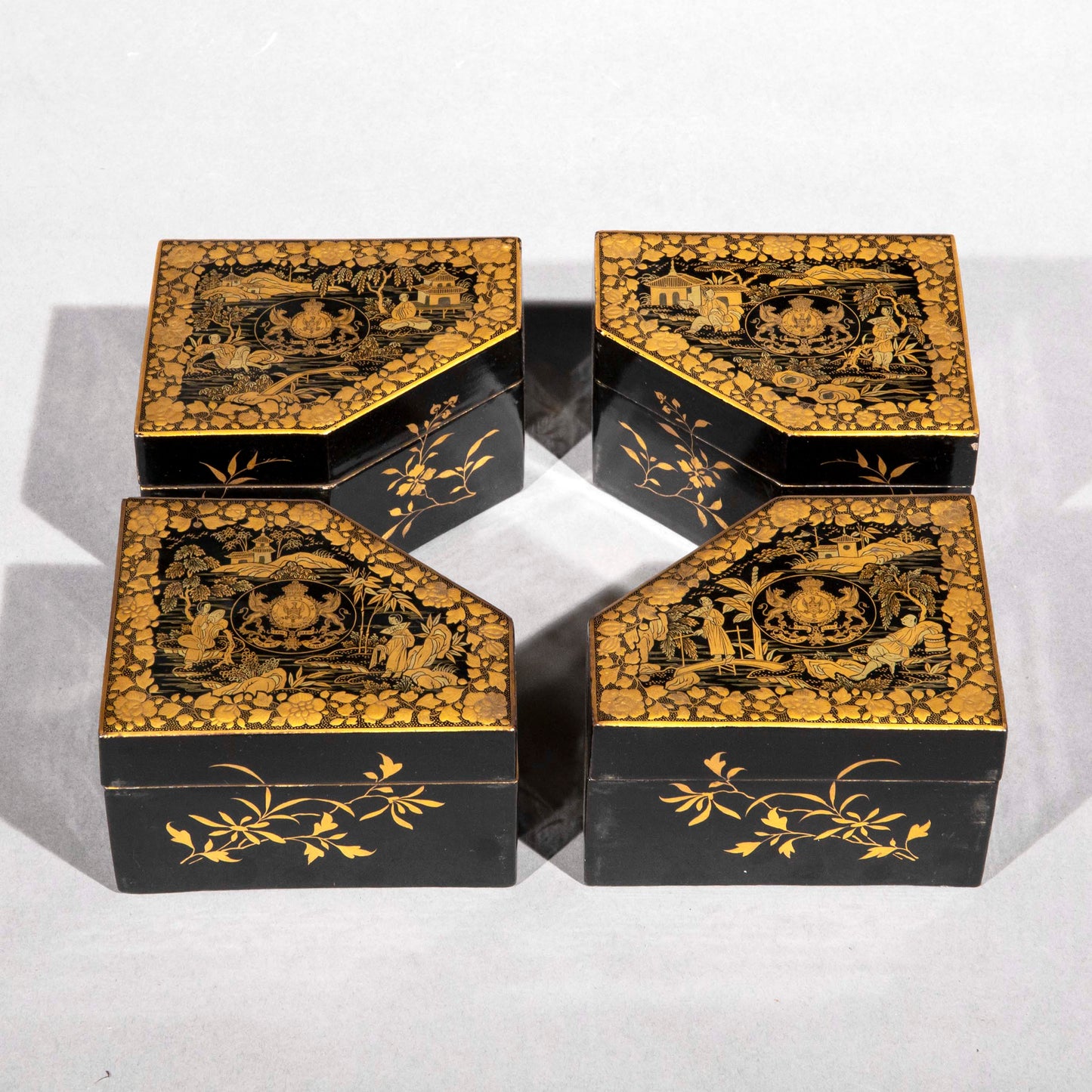 Set of Four Chinese Export Armorial Lacquer Boxes