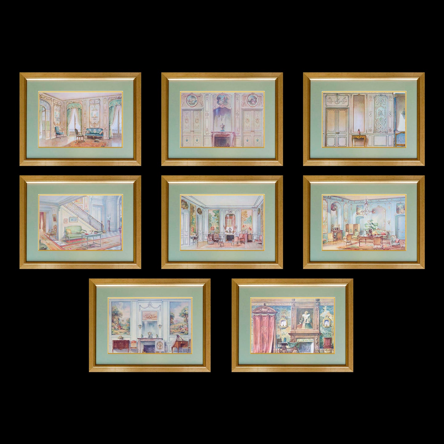 Set of Eight Antique French Interior Decor Prints