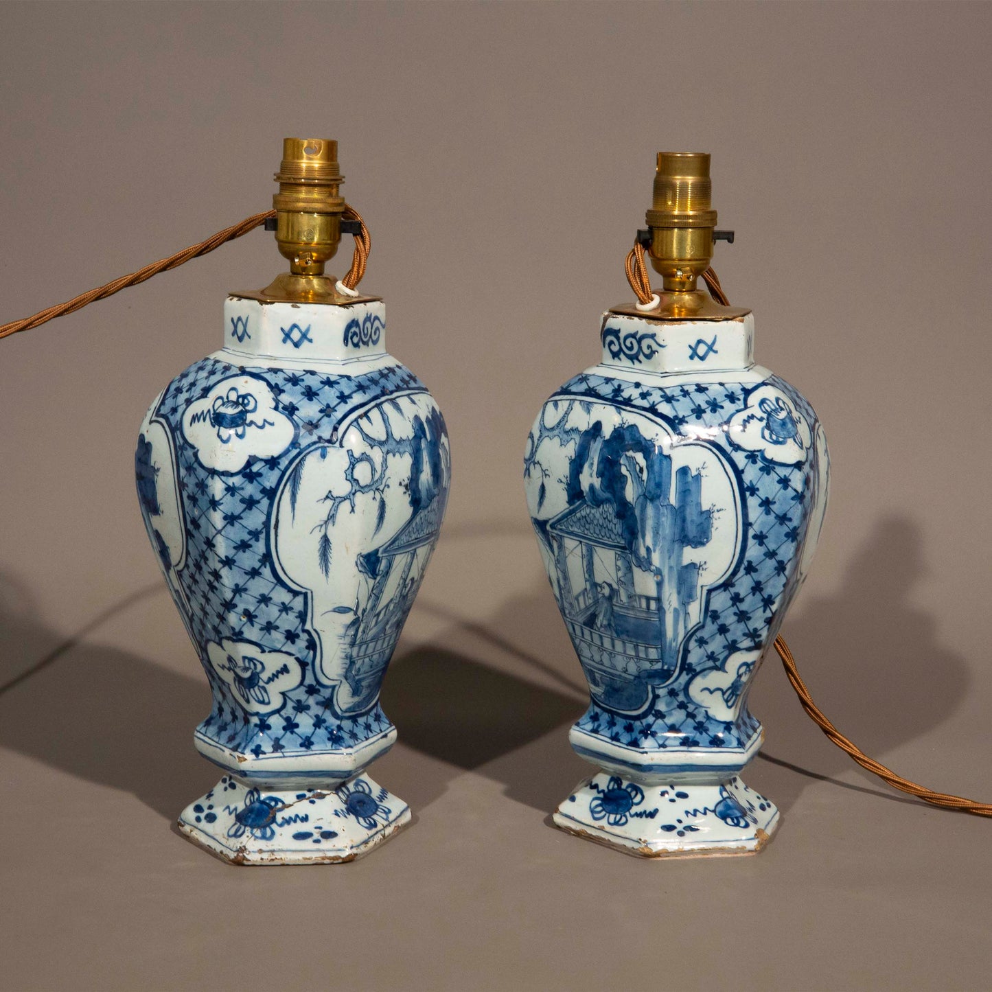 Pair of Dutch Delft Blue and White Chinoiserie Vase Lamps