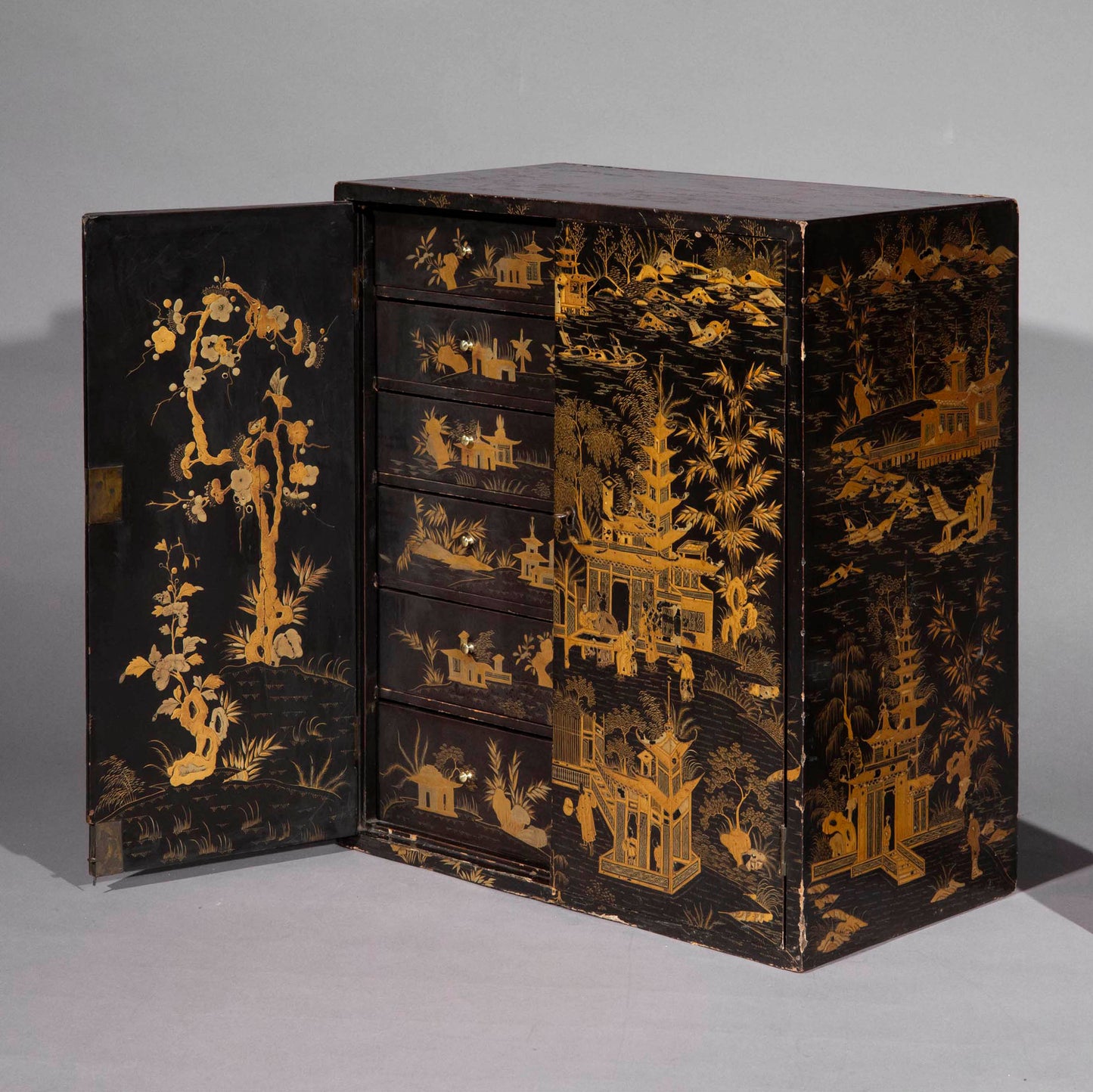19th Century Chinoiserie Black Lacquer Table Cabinet