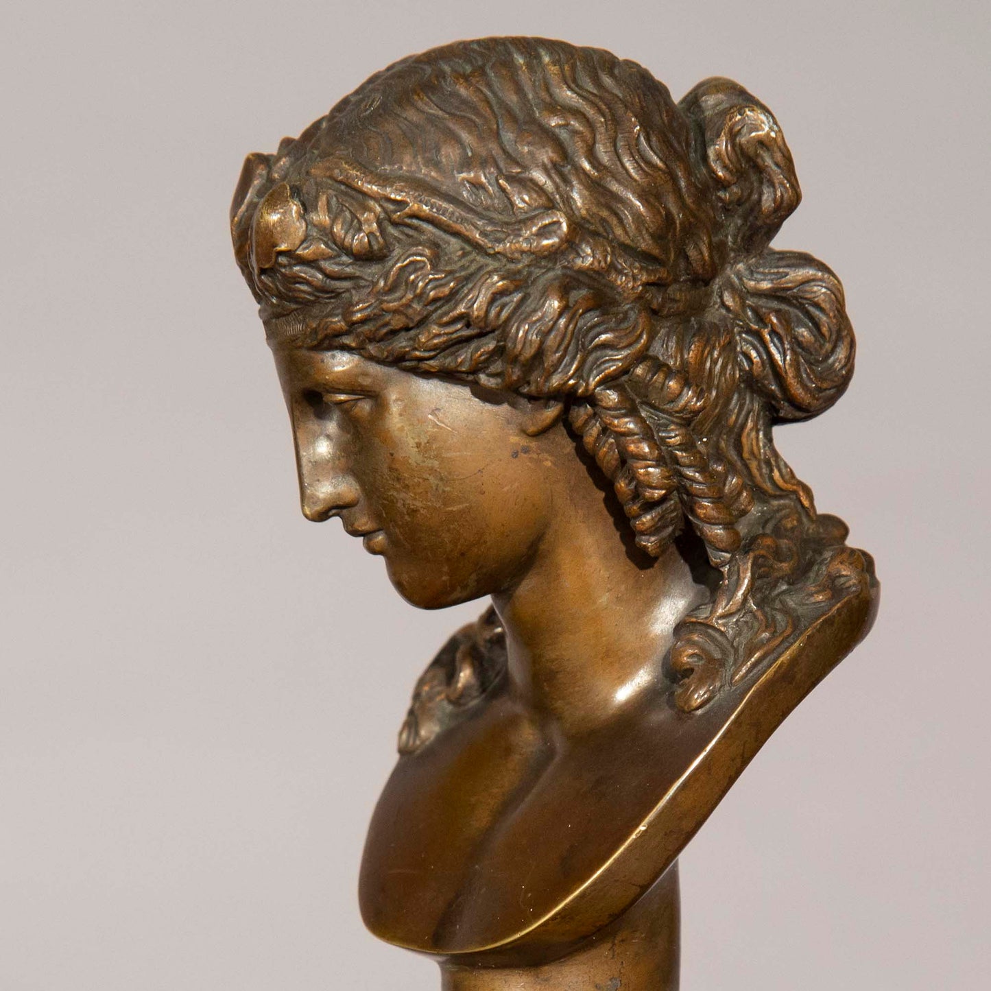 Antinous and Dionysus, a Pair of Bronze Busts on Marble Columns