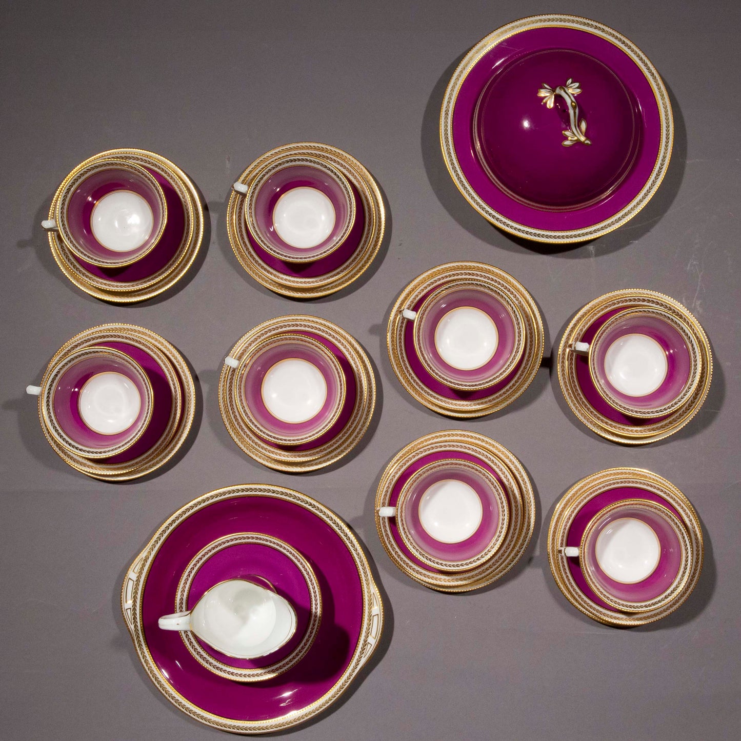 Antique Purple and Gold Porcelain Tea Set For Eight
