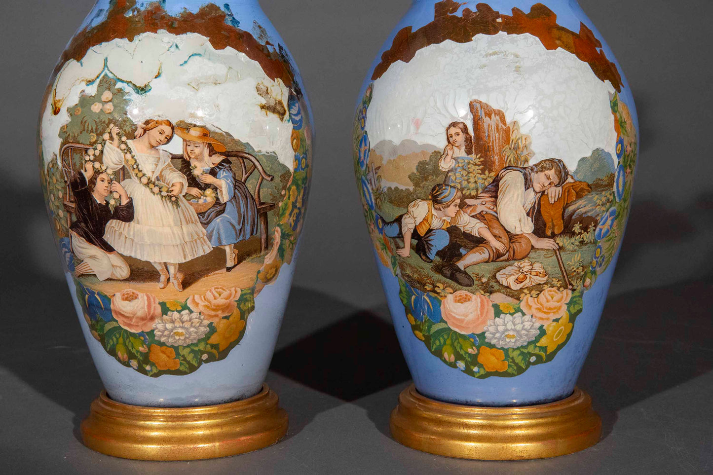 Pair of Antique Decalcomania Vase Lamps