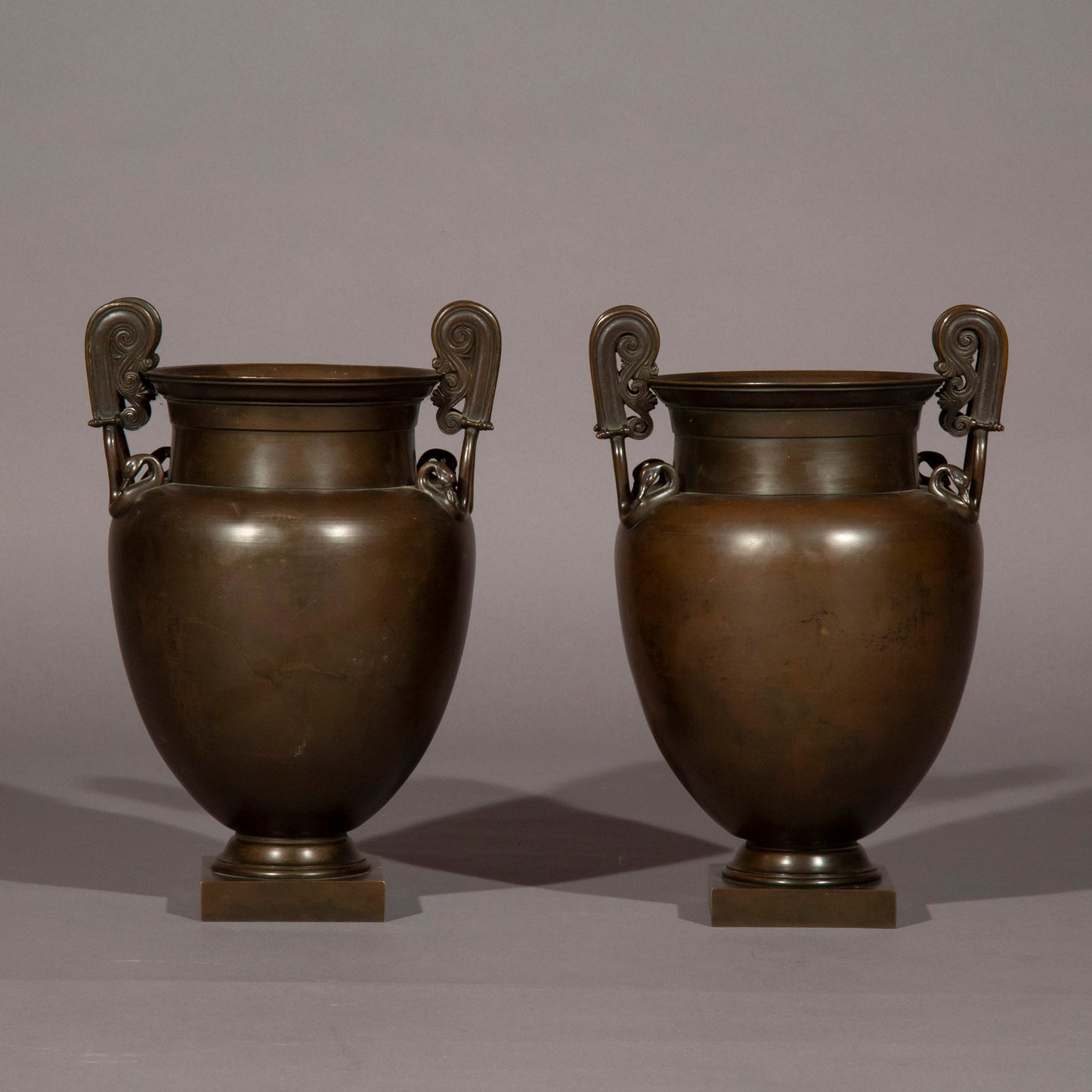 Fine Pair of 19th Century Grand Tour Bronze Volute Krater Vases