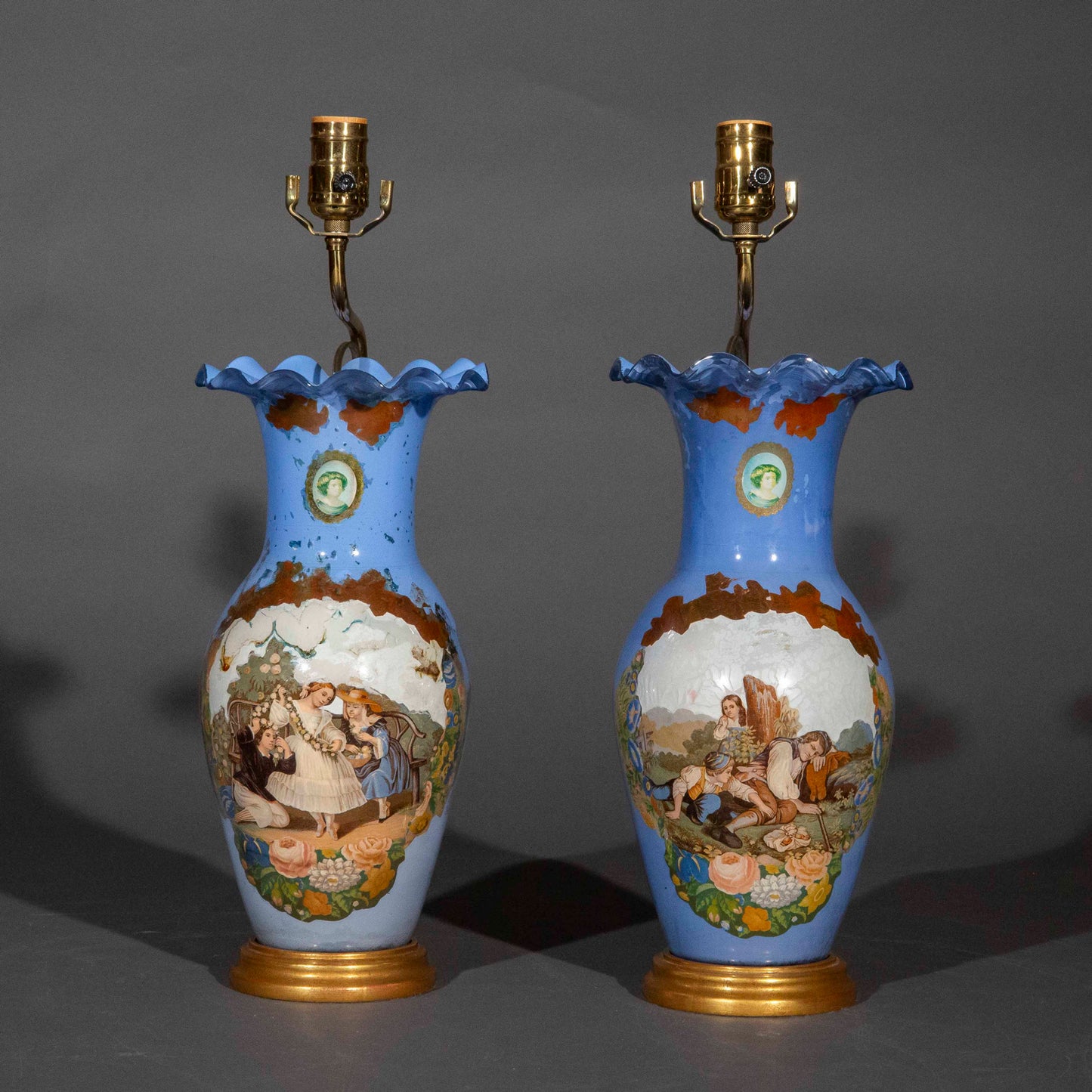 Pair of Antique Decalcomania Vase Lamps