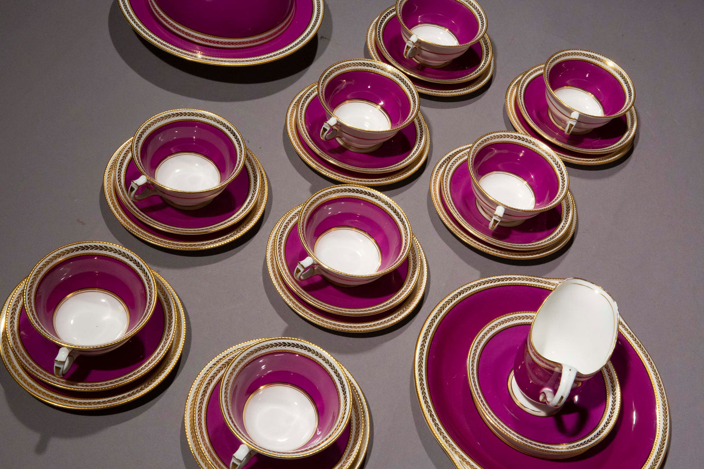 Antique Purple and Gold Porcelain Tea Set For Eight