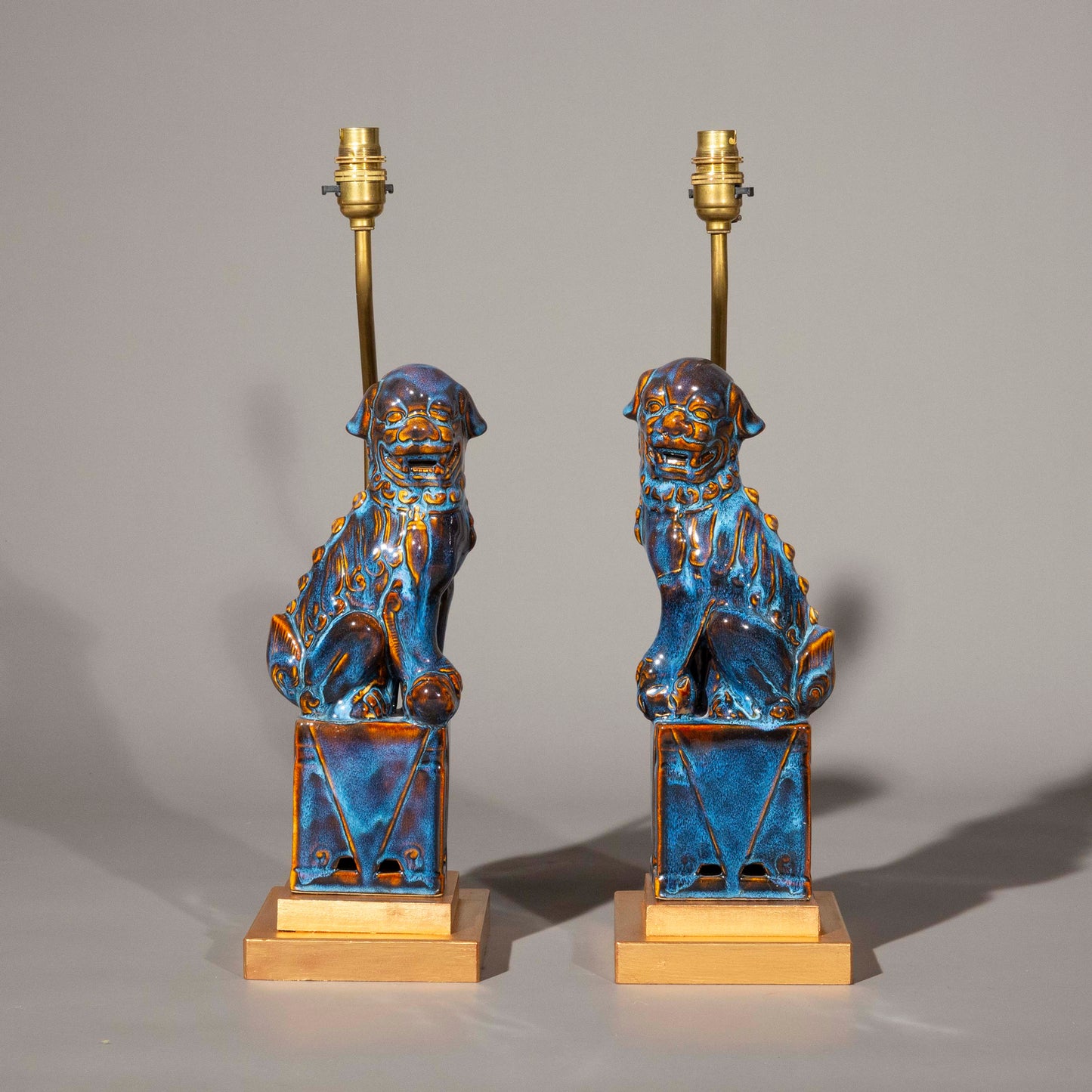 Pair of Chinese Flambe Glazed Foo Dog Table Lamps