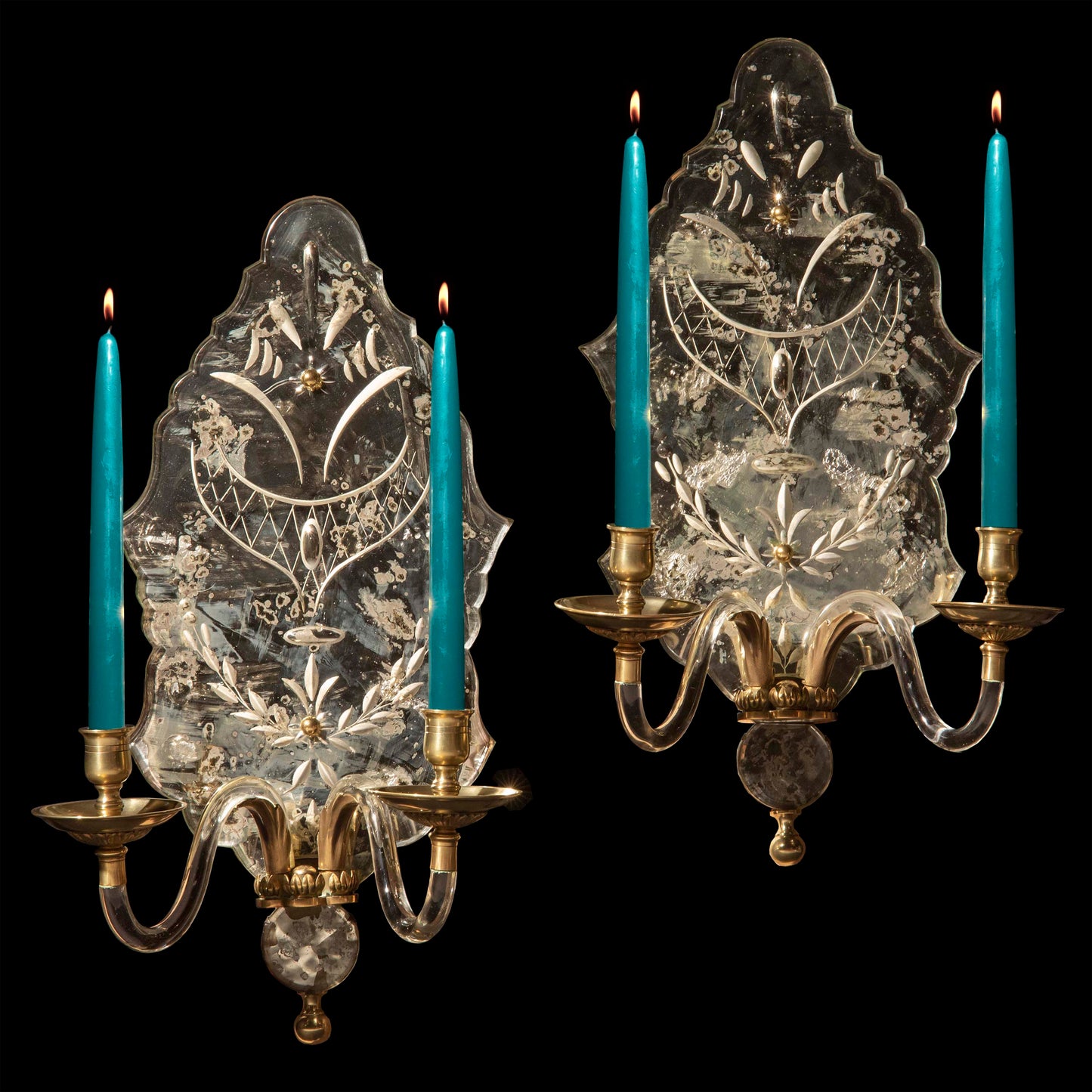 Pair of Etched Mirror Wall Lights