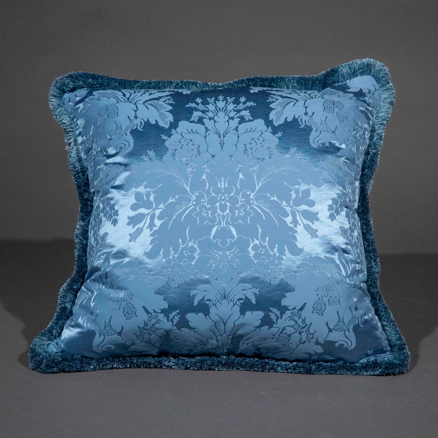 Fringed Blue Silk Damask Cushion