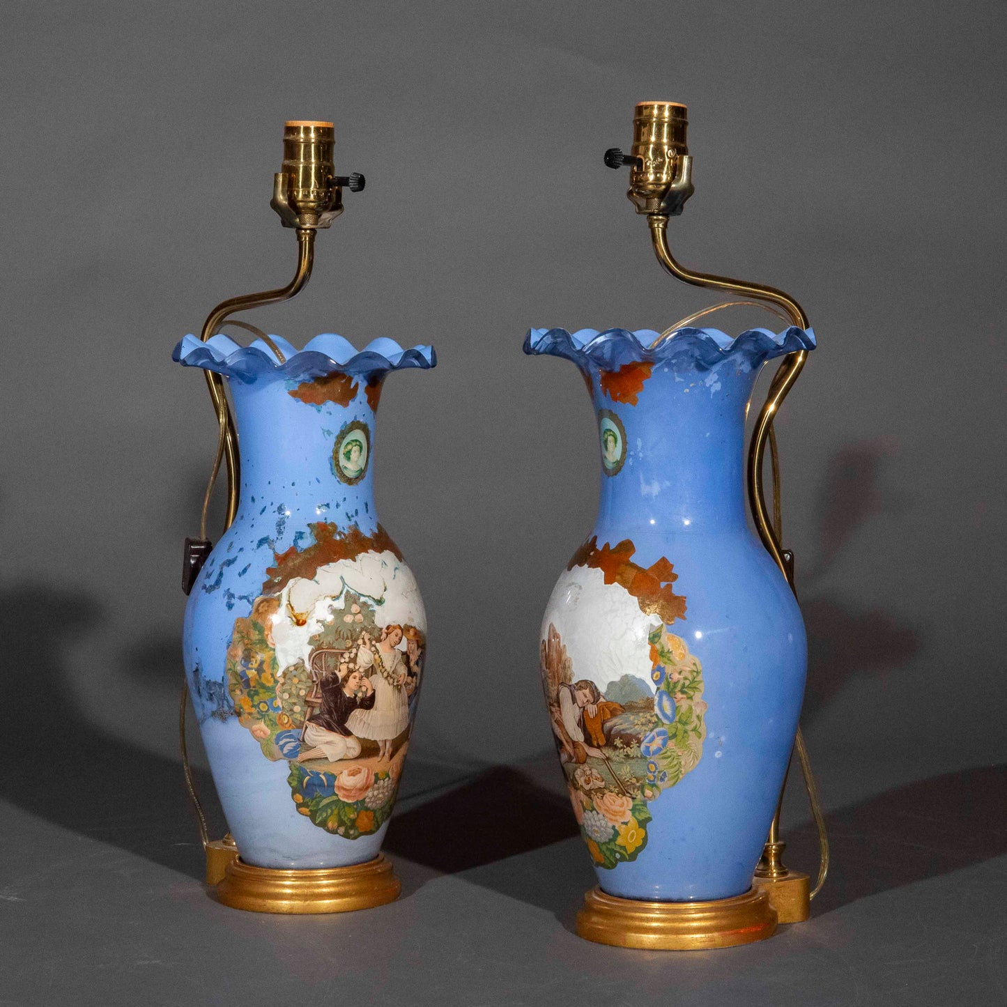 Pair of Antique Decalcomania Vase Lamps