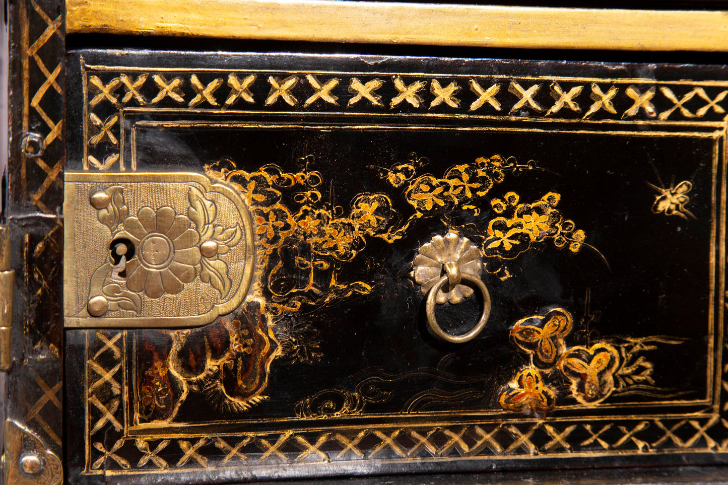 Antique Chinoiserie Black Lacquer Cabinet on Stand, 19th Century