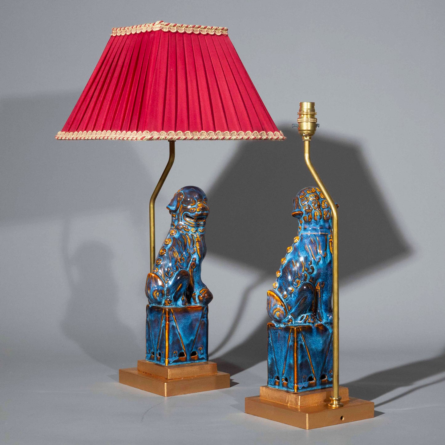 Pair of Chinese Flambe Glazed Foo Dog Table Lamps