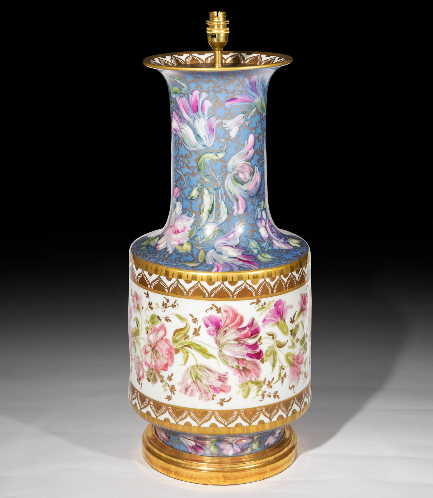 Massive Antique Porcelain Vase Table Lamp with Hand-Painted Floral Decoration
