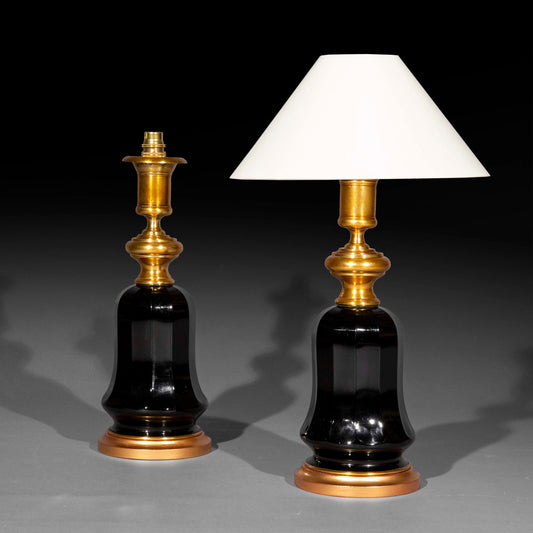 Pair of 19th Century Black Glass Lamps