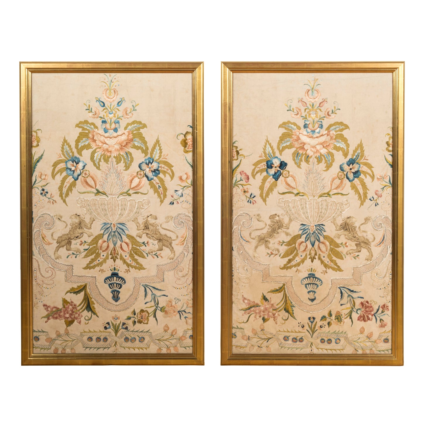 Fine Pair of Large 18th Century Silk Embroidered Panels