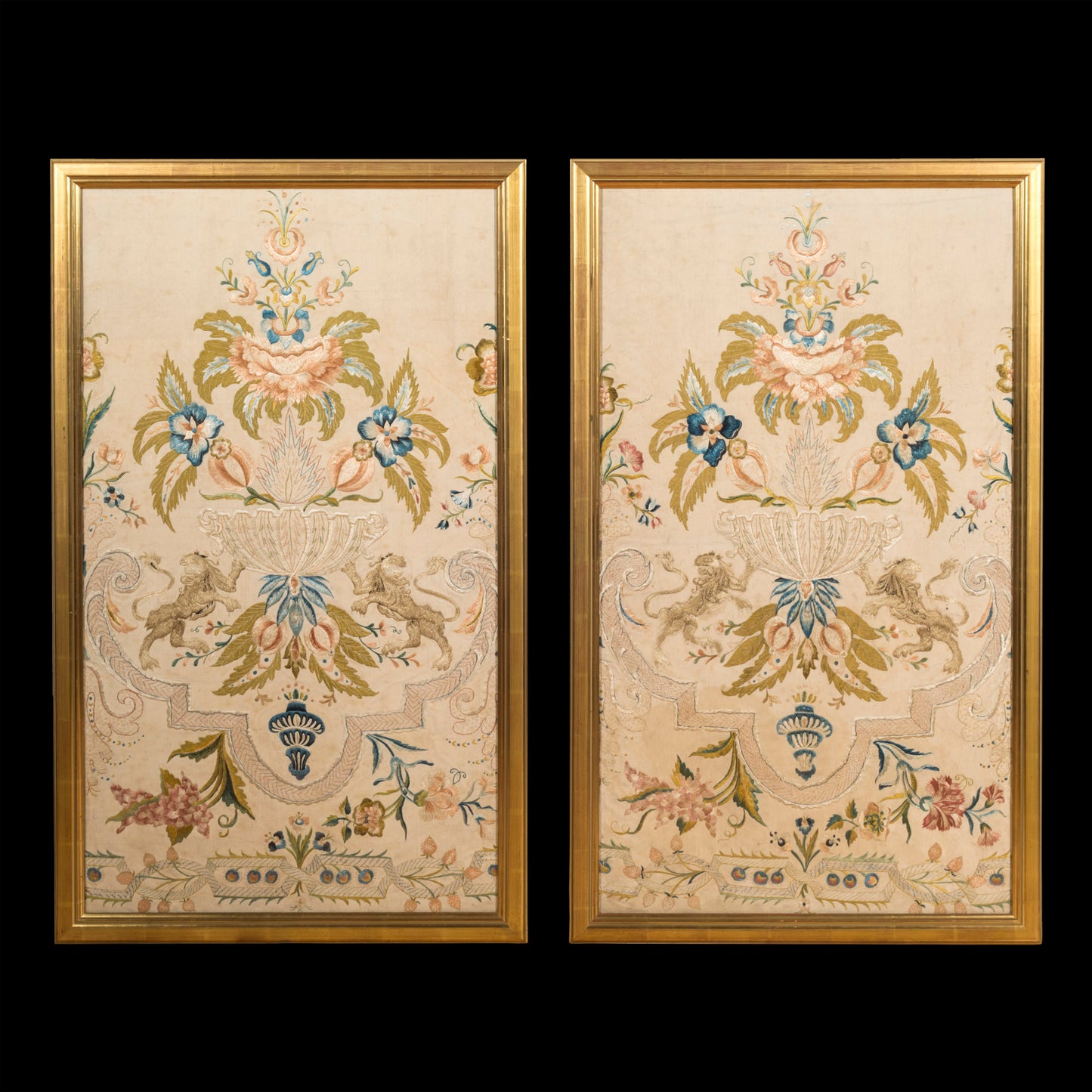 Fine Pair of Large 18th Century Silk Embroidered Panels