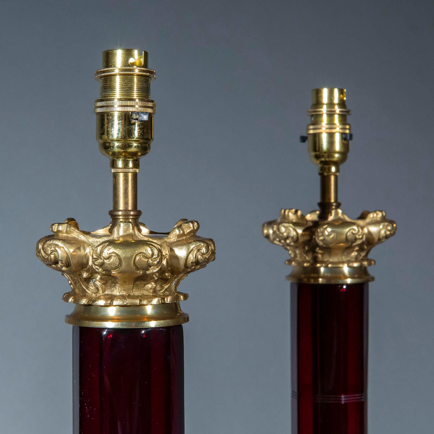 Large Pair of Ruby Glass and Brass Lamps