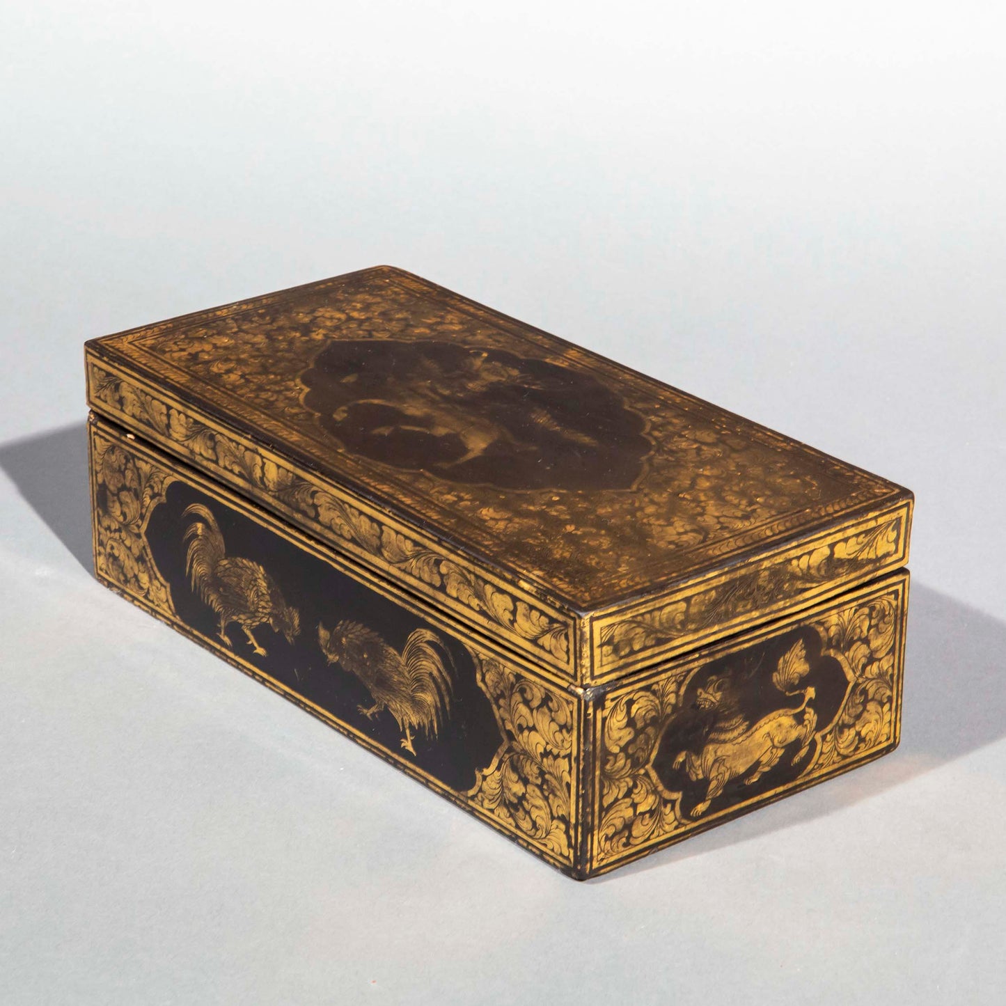 Unusual Chinese Export Lacquer Box Decorated with Cockerels