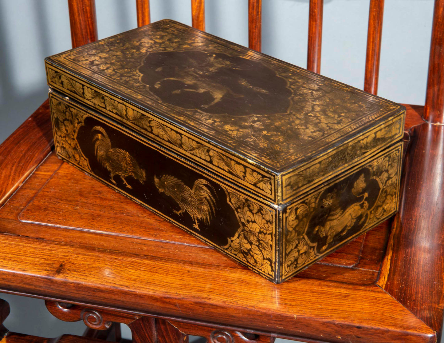 Unusual Chinese Export Lacquer Box Decorated with Cockerels