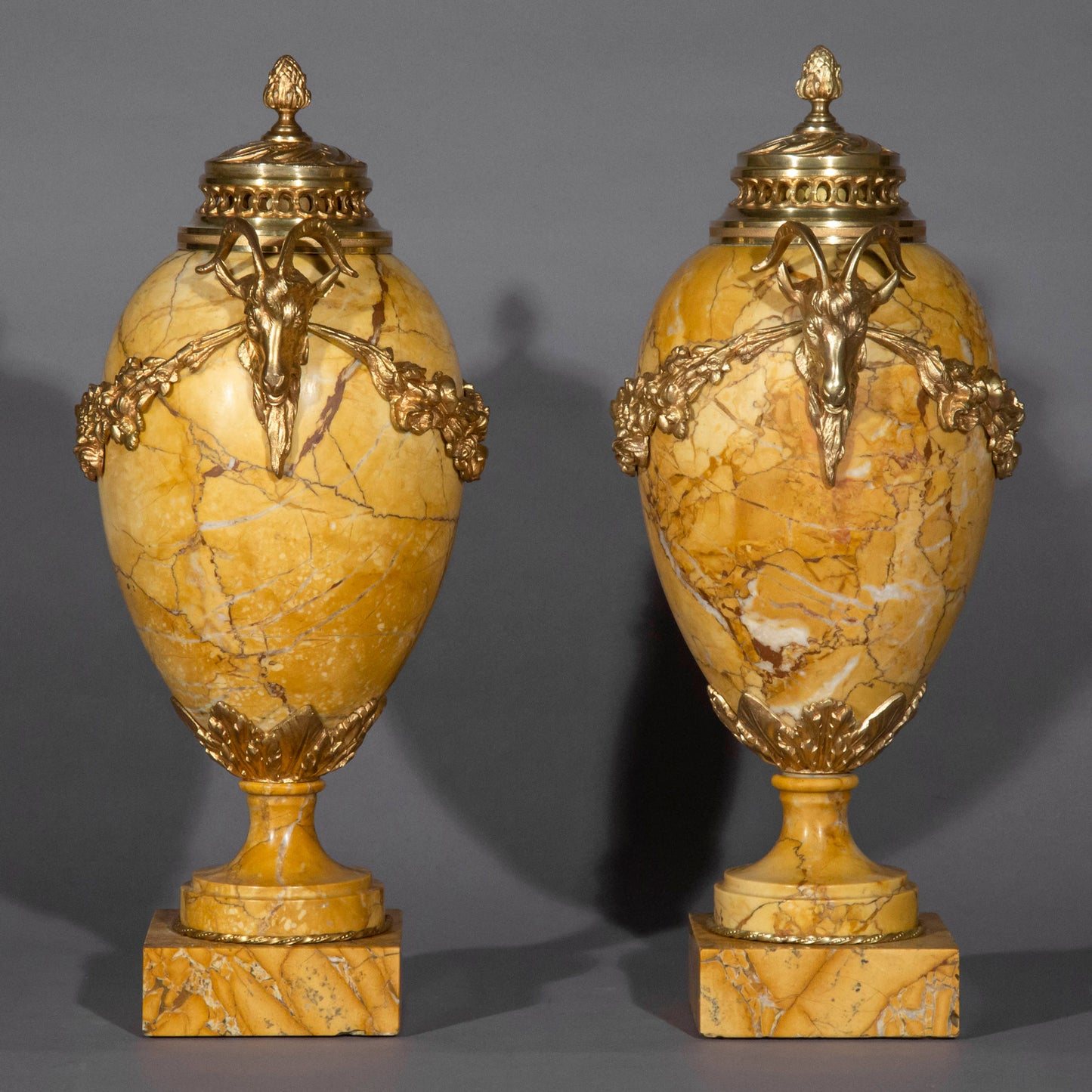 Pair of Antique Neoclassical Siena Marble Urns