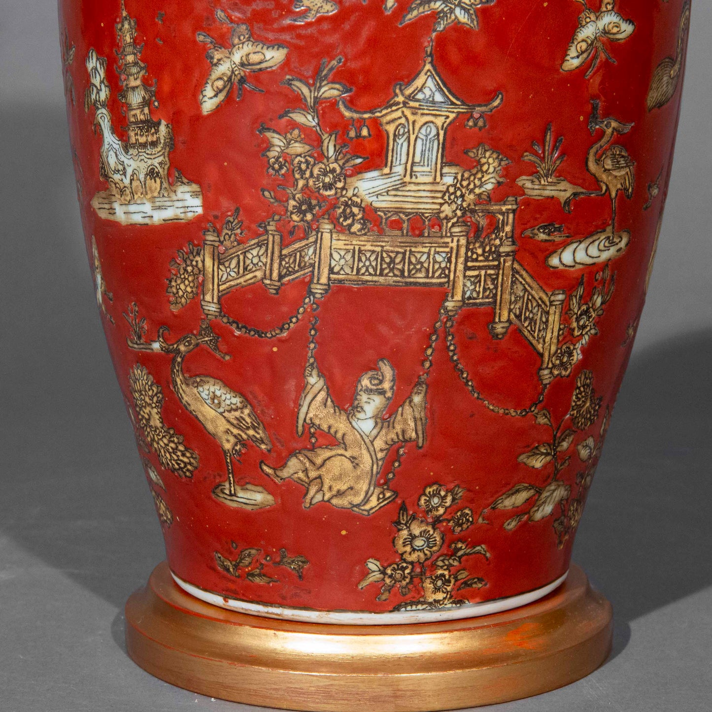 Antique Coral Red Chinoiserie Vase Lamp