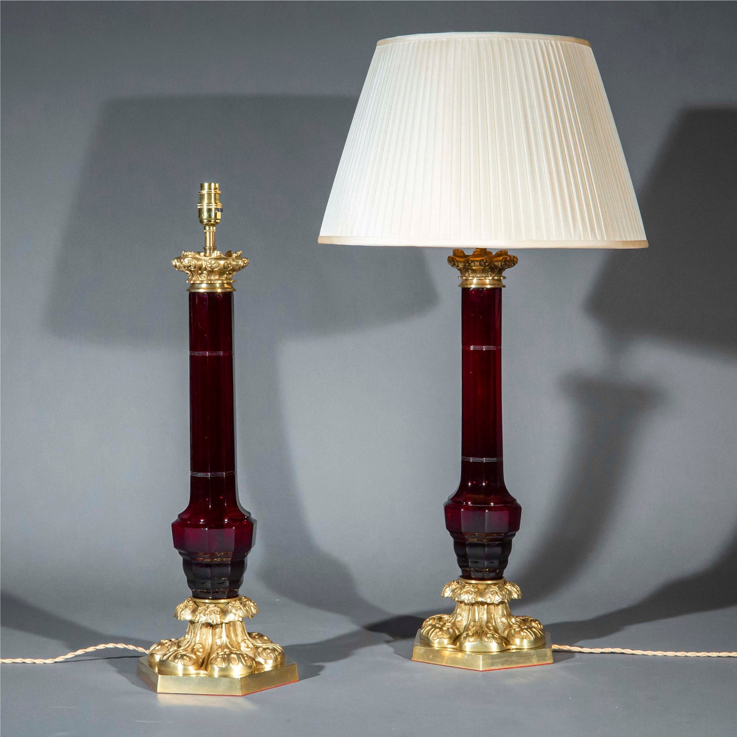 Large Pair of Ruby Glass and Brass Lamps