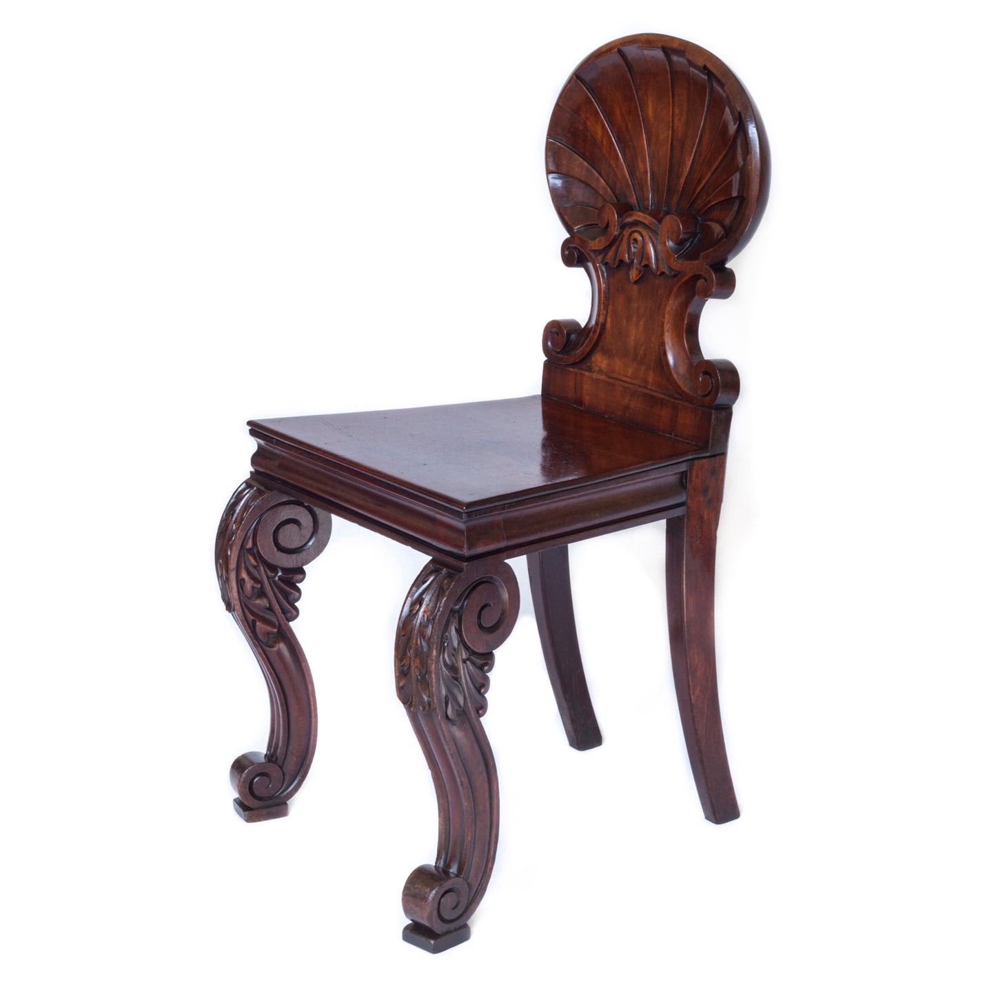 Rare Pair of Regency Scallop Back Hall Chairs