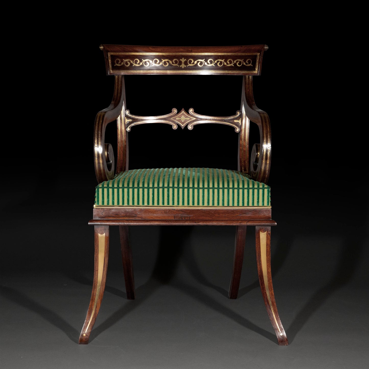 Large Regency Brass Inlaid Armchair, Attributed to George Oakley