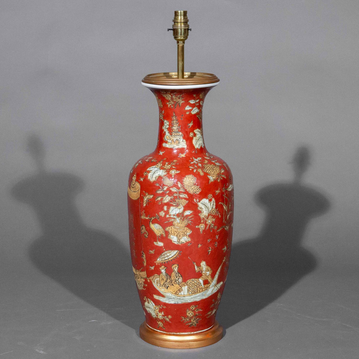 Antique Coral Red Chinoiserie Vase Lamp