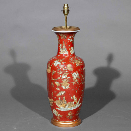 Antique Coral Red Chinoiserie Vase Lamp