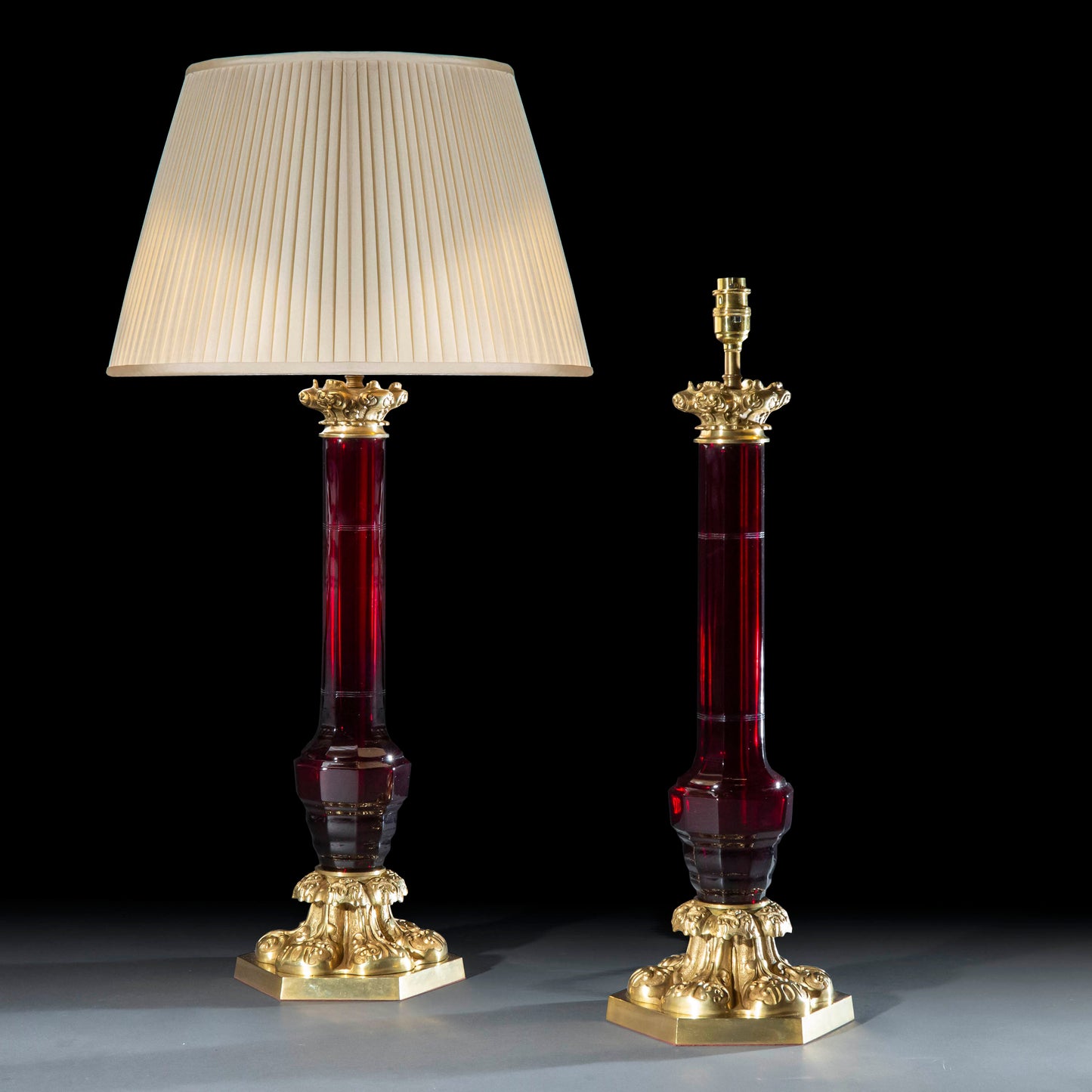 Large Pair of Ruby Glass and Brass Lamps