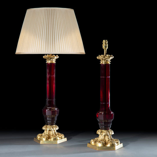 Large Pair of Ruby Glass and Brass Lamps