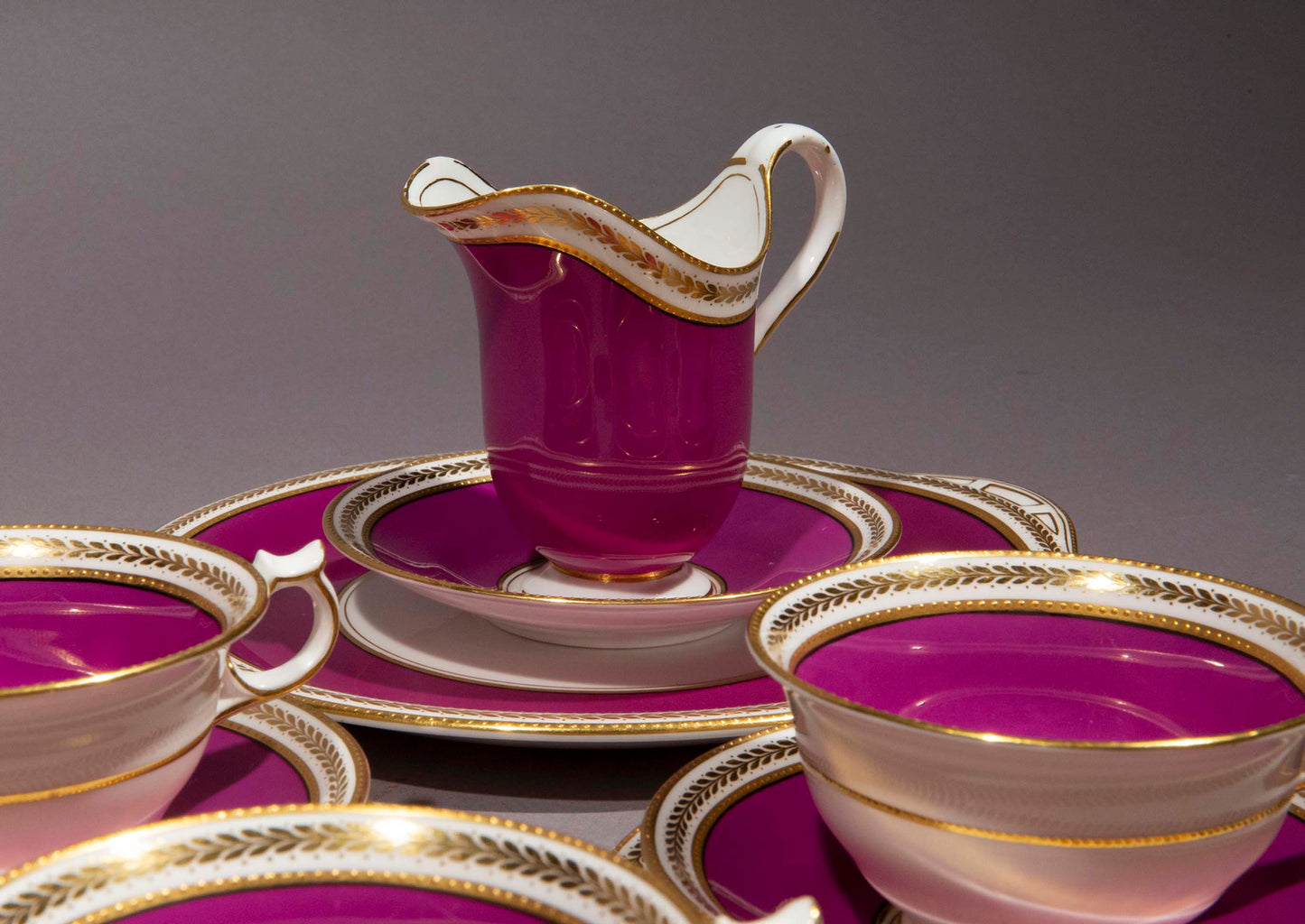 Antique Purple and Gold Porcelain Tea Set For Eight