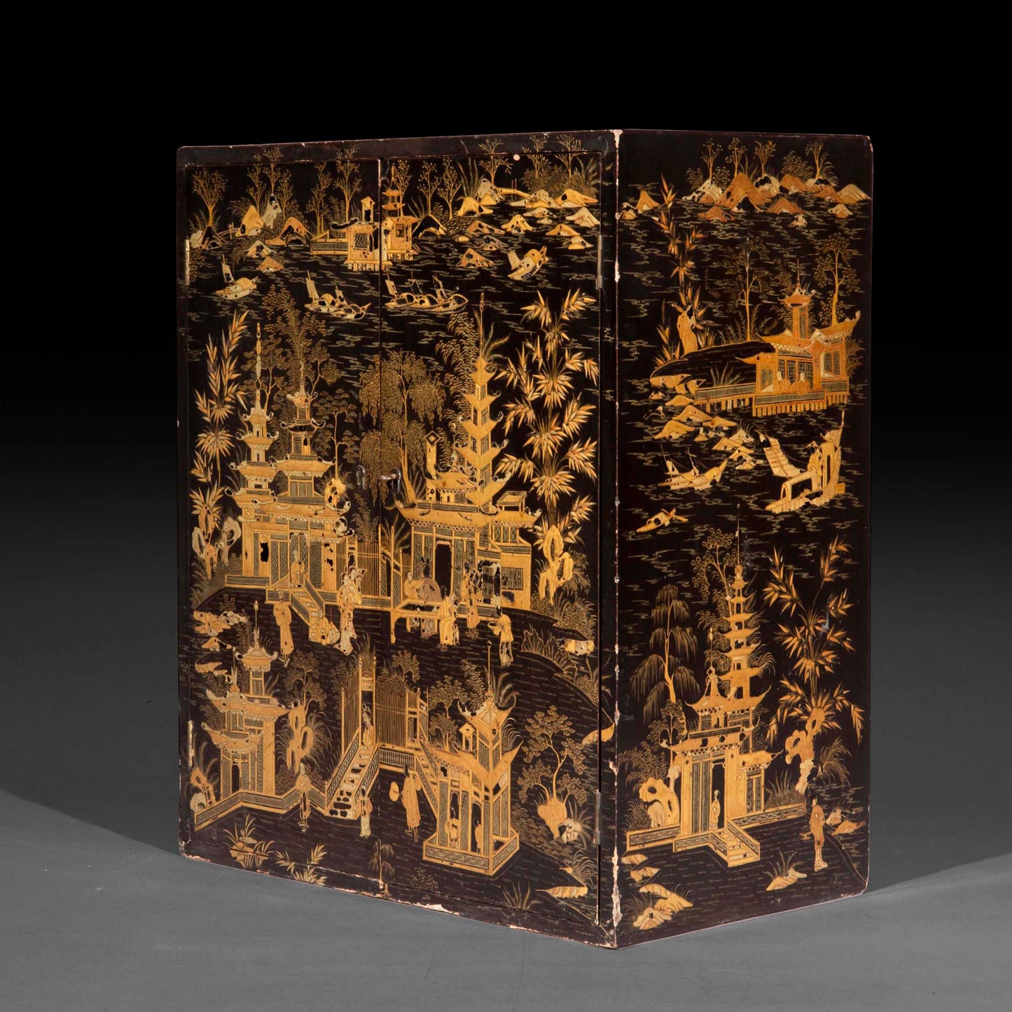 19th Century Chinoiserie Black Lacquer Table Cabinet