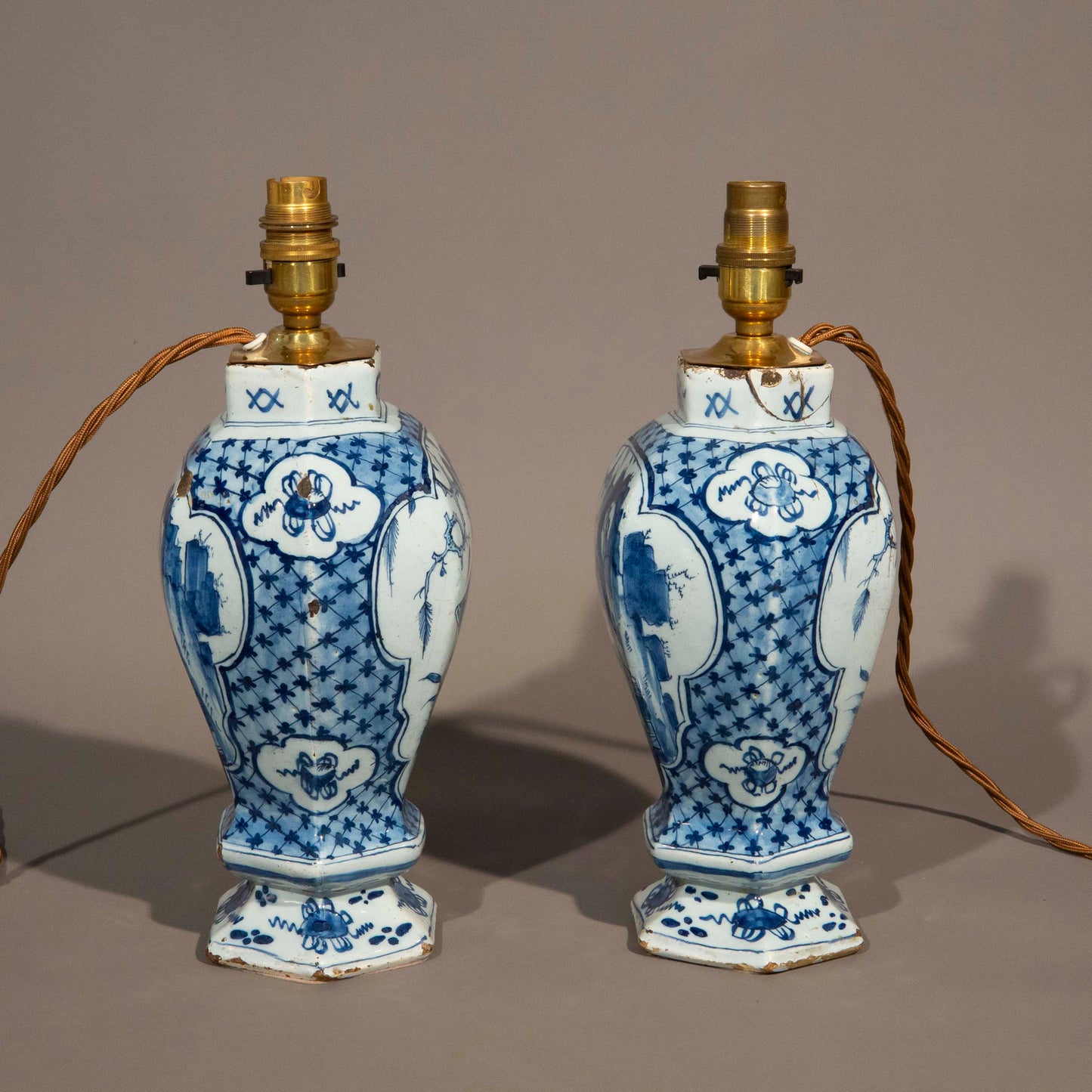 Pair of Dutch Delft Blue and White Chinoiserie Vase Lamps