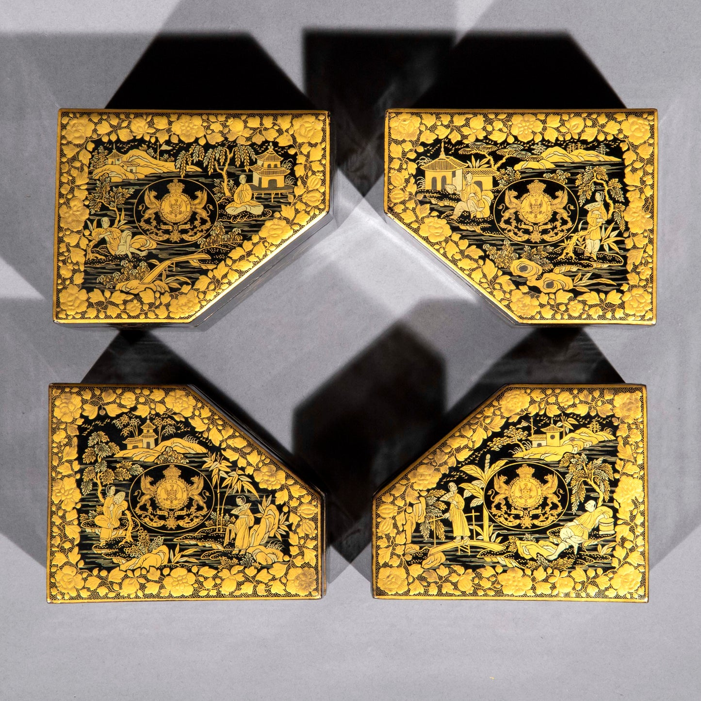 Set of Four Chinese Export Armorial Lacquer Boxes