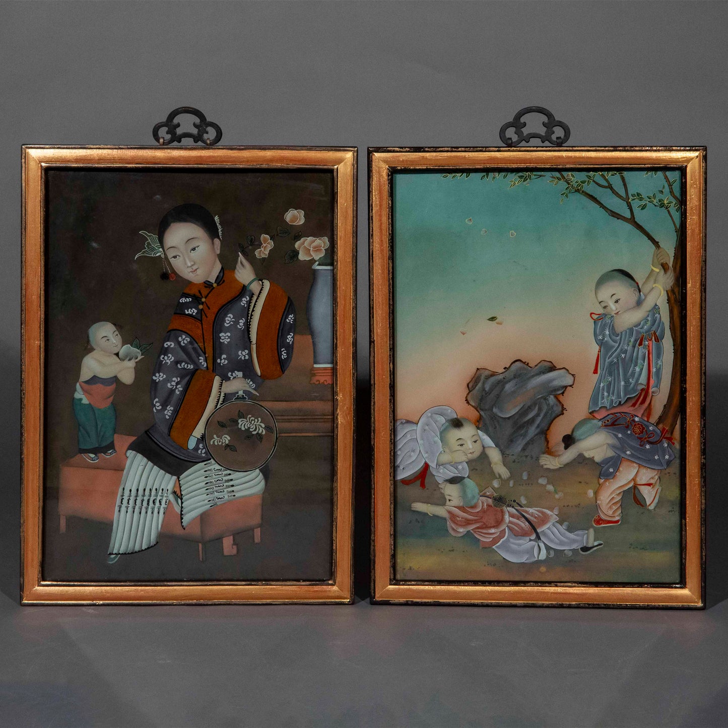 Pair of Early 20th Century Chinese Reverse Glass Paintings