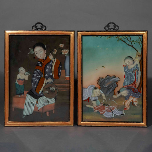 Pair of Early 20th Century Chinese Reverse Glass Paintings