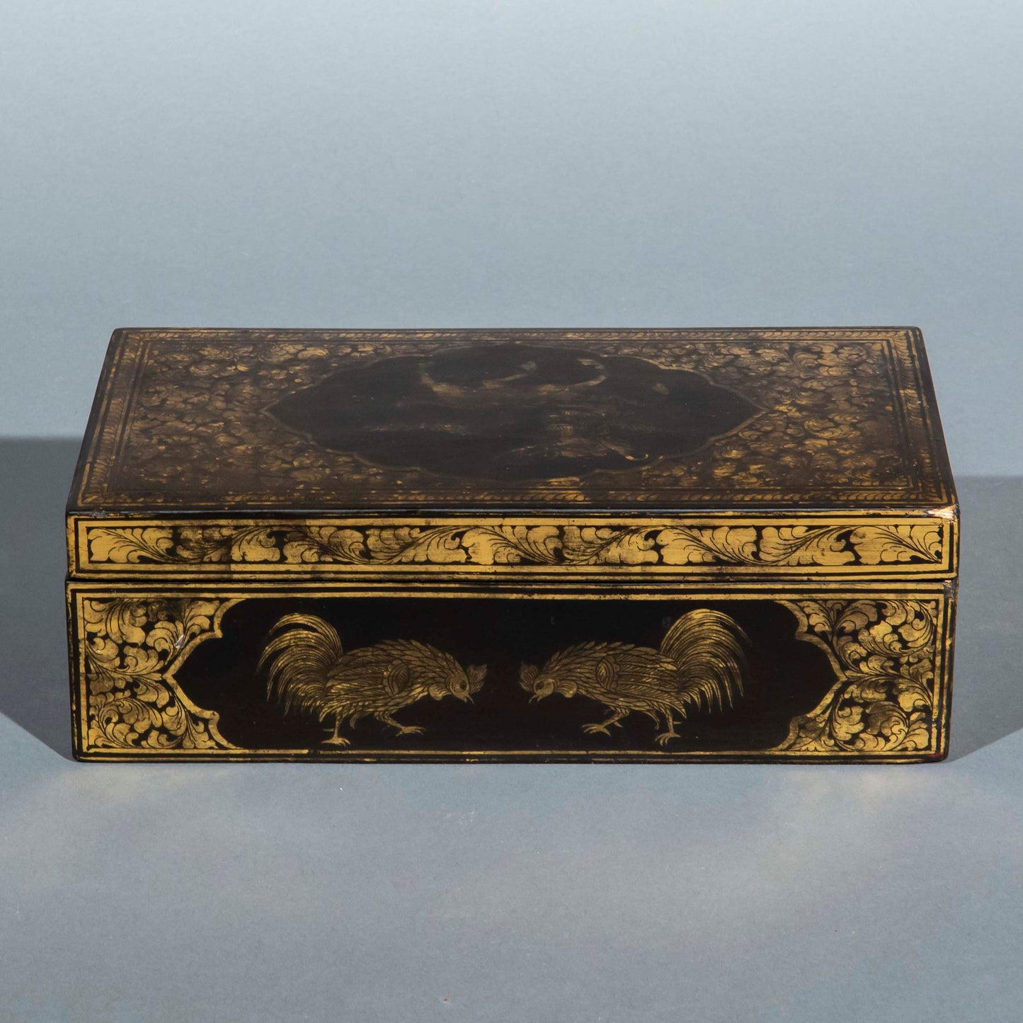 Unusual Chinese Export Lacquer Box Decorated with Cockerels