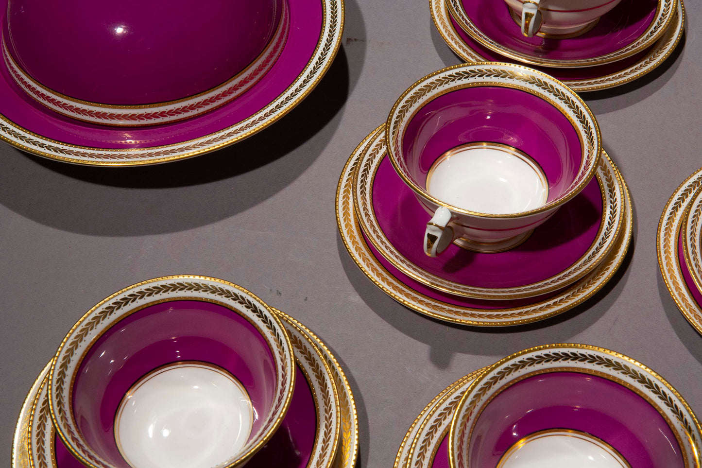 Antique Purple and Gold Porcelain Tea Set For Eight
