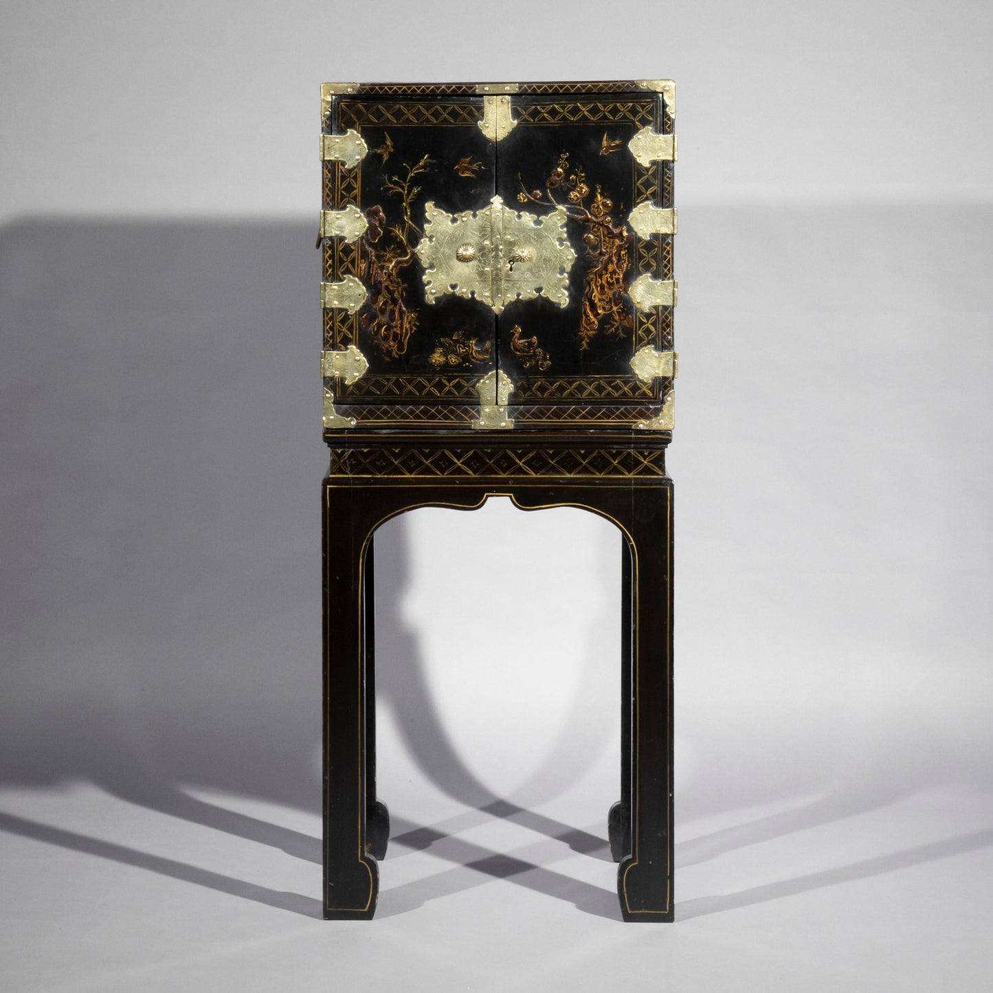 Antique Chinoiserie Black Lacquer Cabinet on Stand, 19th Century