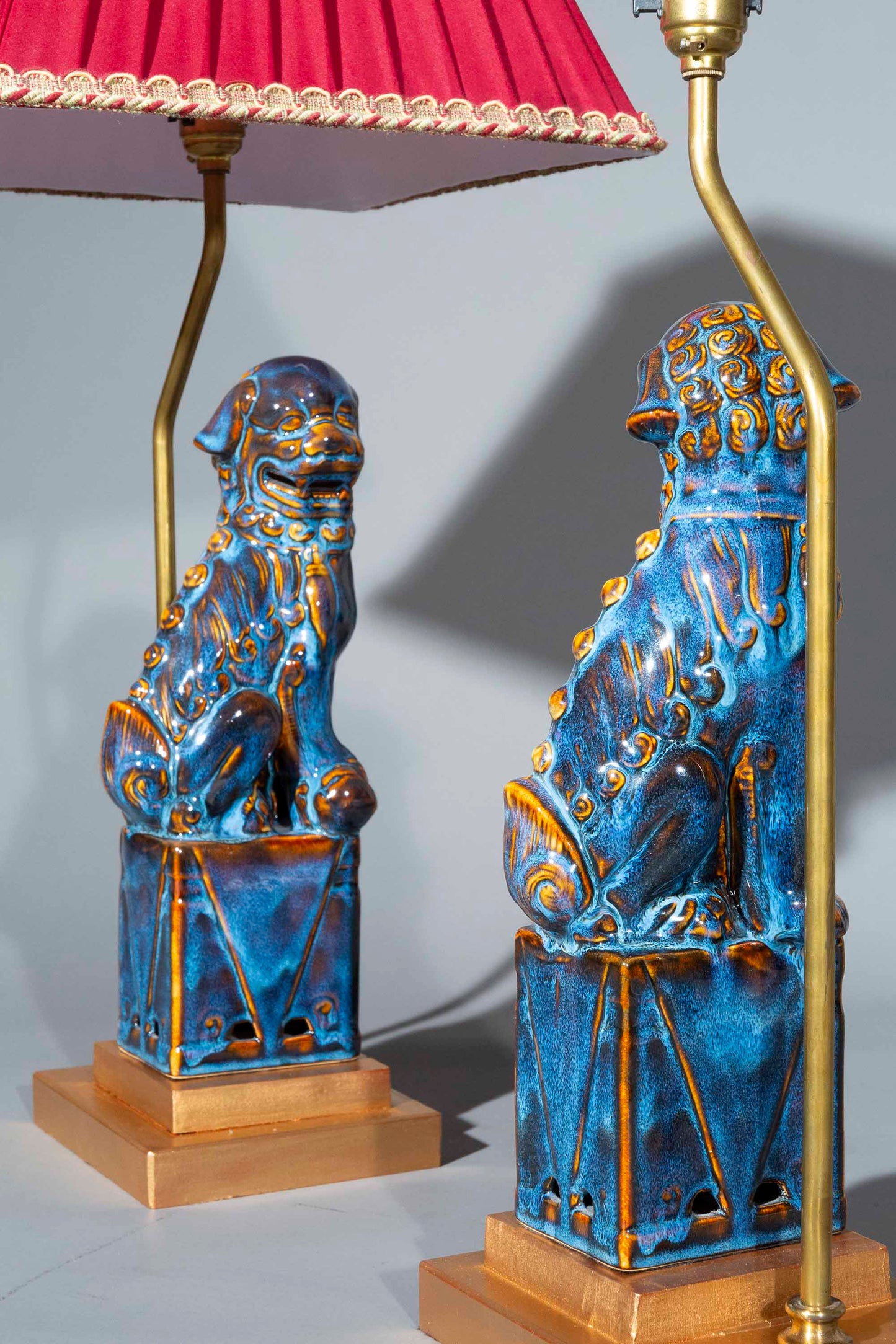 Pair of Chinese Flambe Glazed Foo Dog Table Lamps