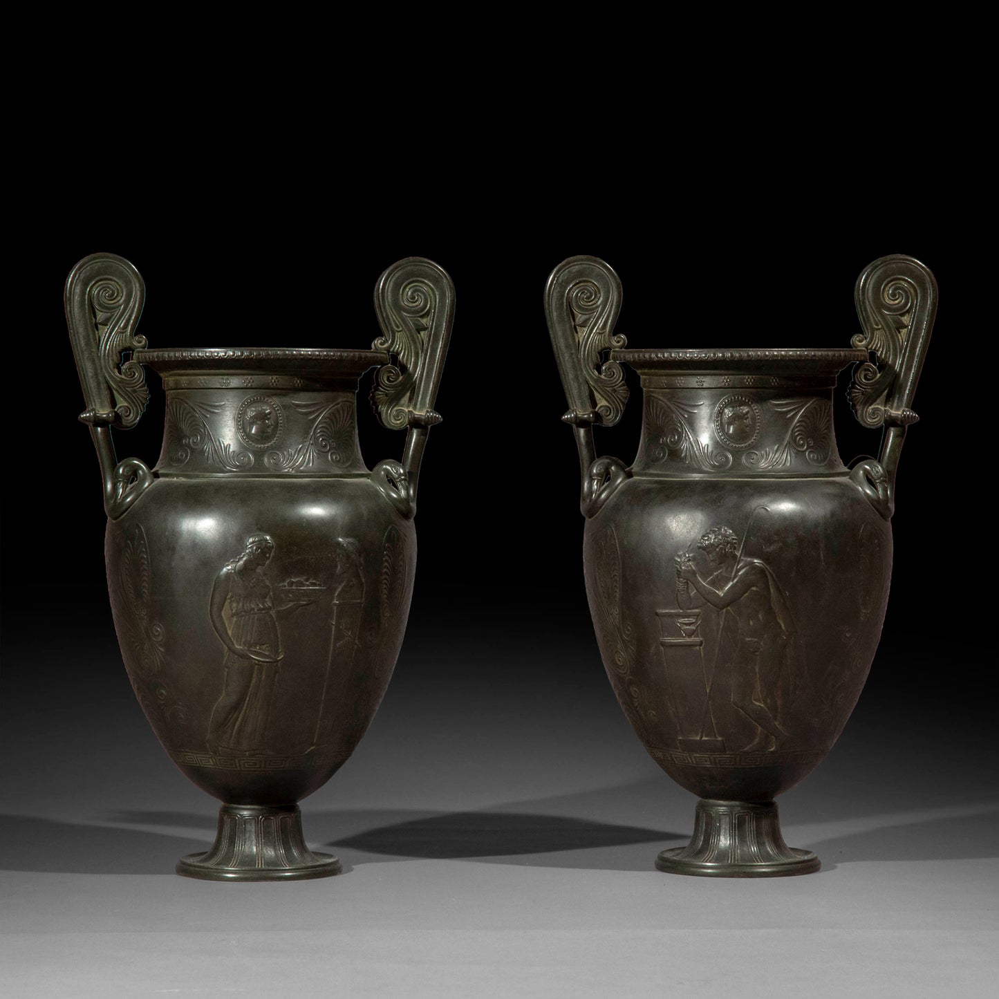 Pair of 19th Century Grand Tour Bronze Volute Kraters