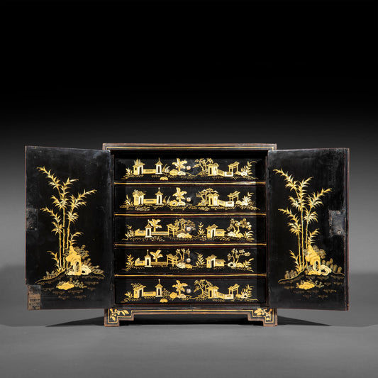 Antique Chinoiserie Black Lacquer Jewellery Cabinet